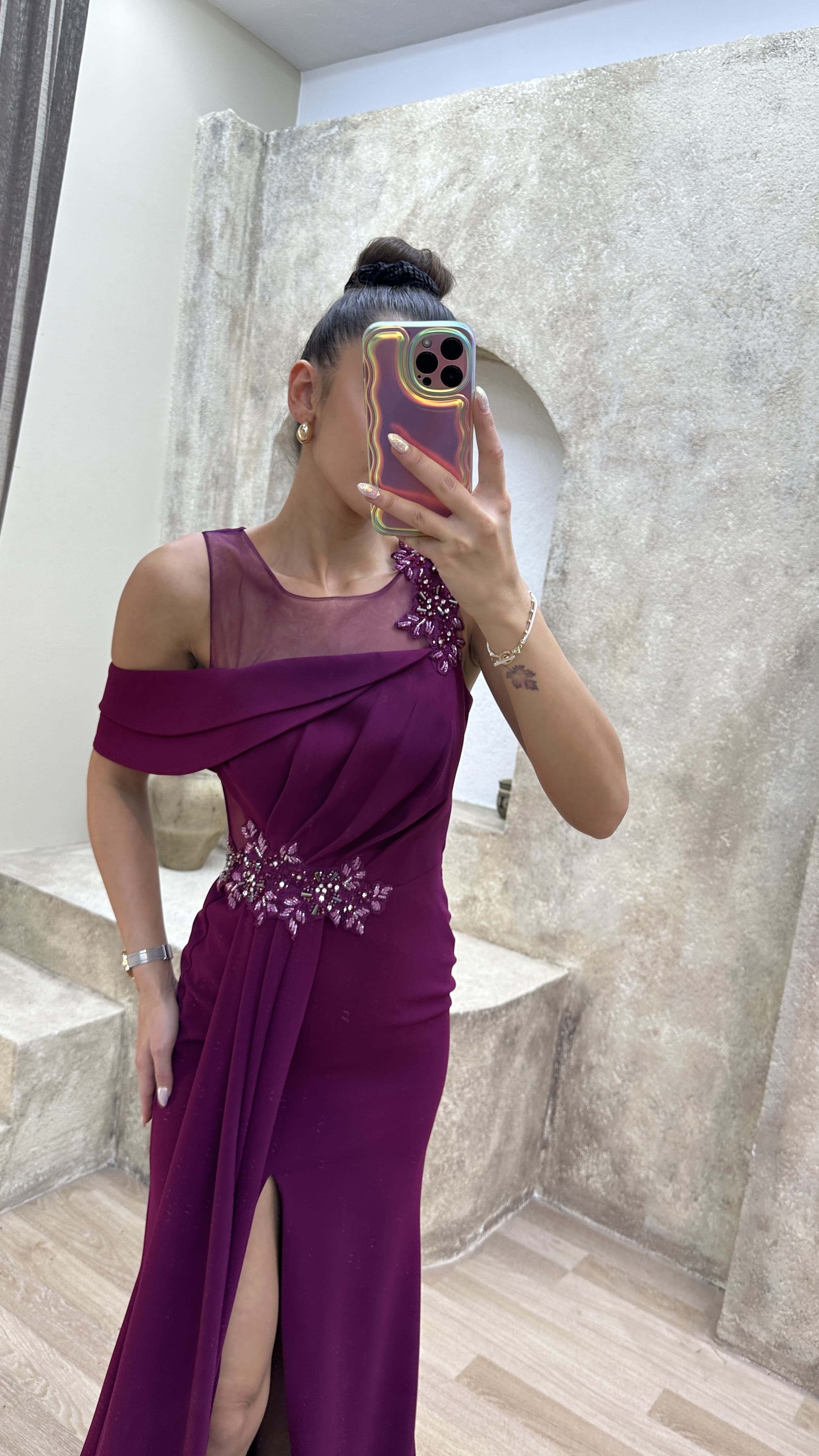 SHOULDER DETAIL PLEATED EMBROIDERED DESIGN DRESS