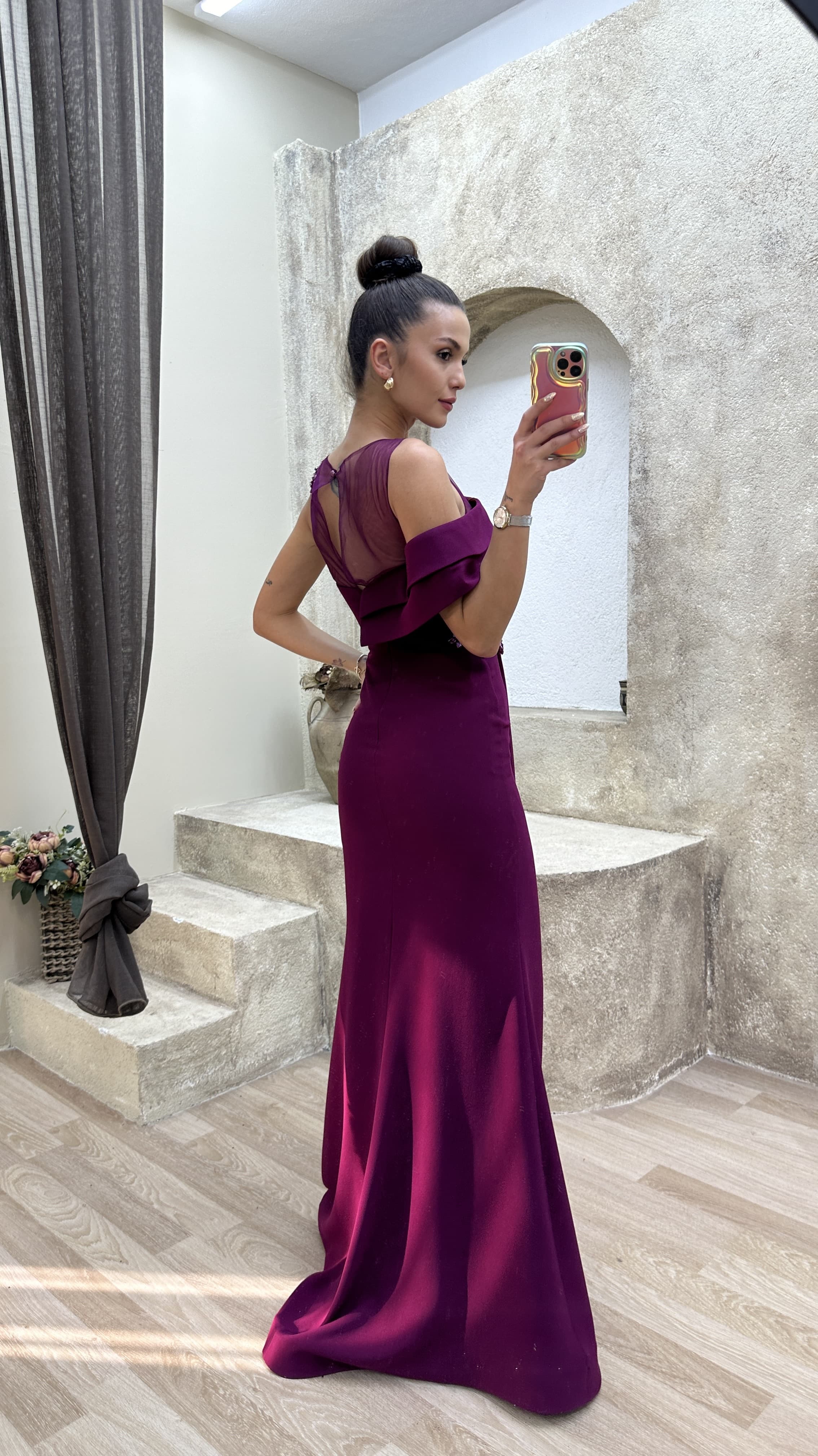 SHOULDER DETAIL PLEATED EMBROIDERED DESIGN DRESS