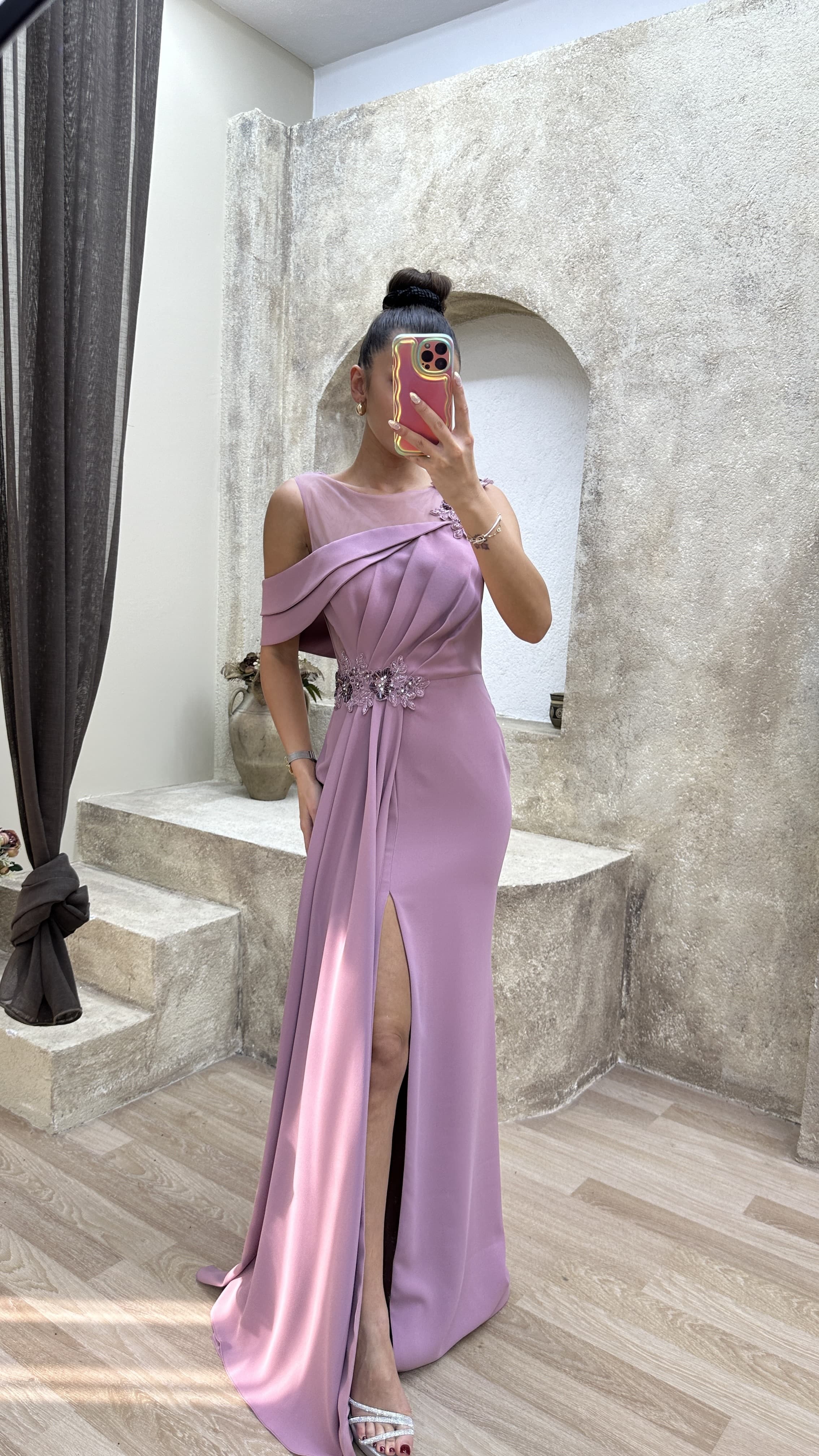 SHOULDER DETAIL PLEATED EMBROIDERED DESIGN DRESS