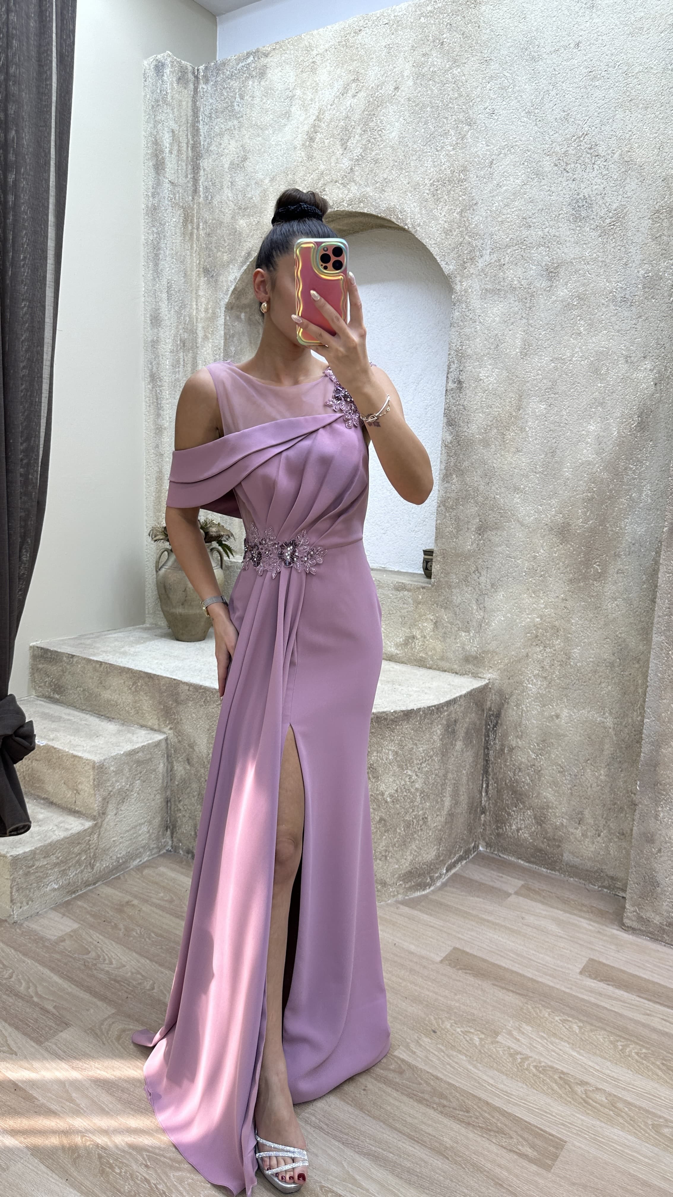 SHOULDER DETAIL PLEATED EMBROIDERED DESIGN DRESS