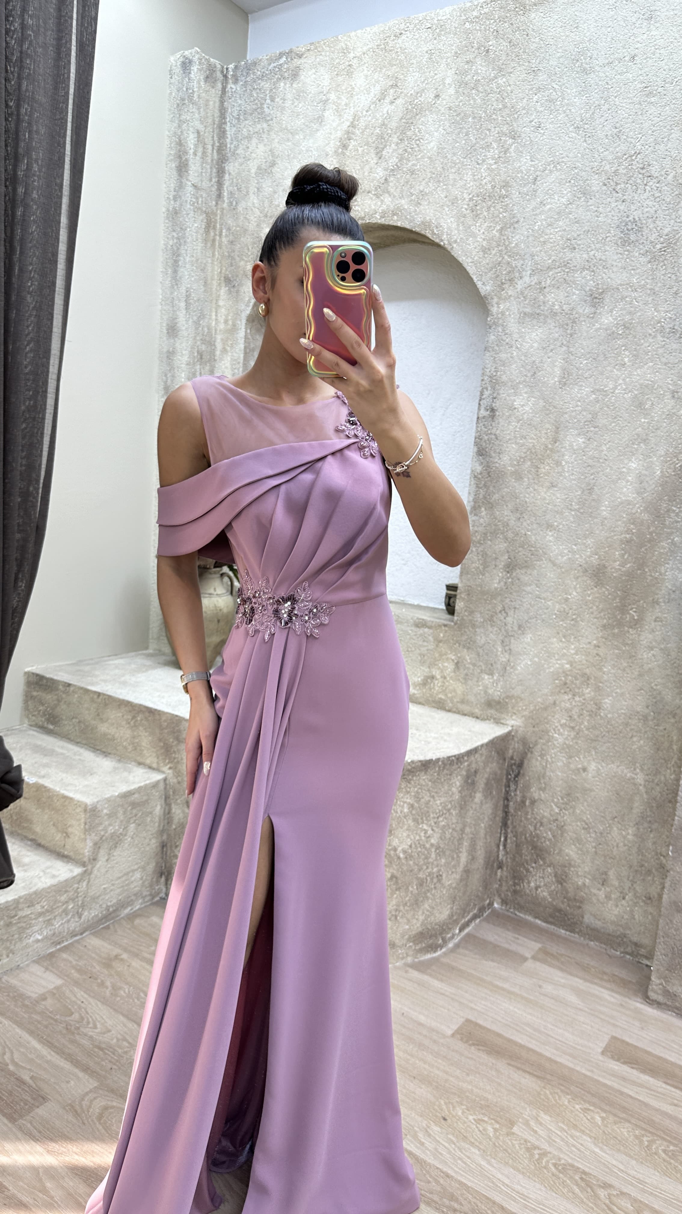 SHOULDER DETAIL PLEATED EMBROIDERED DESIGN DRESS