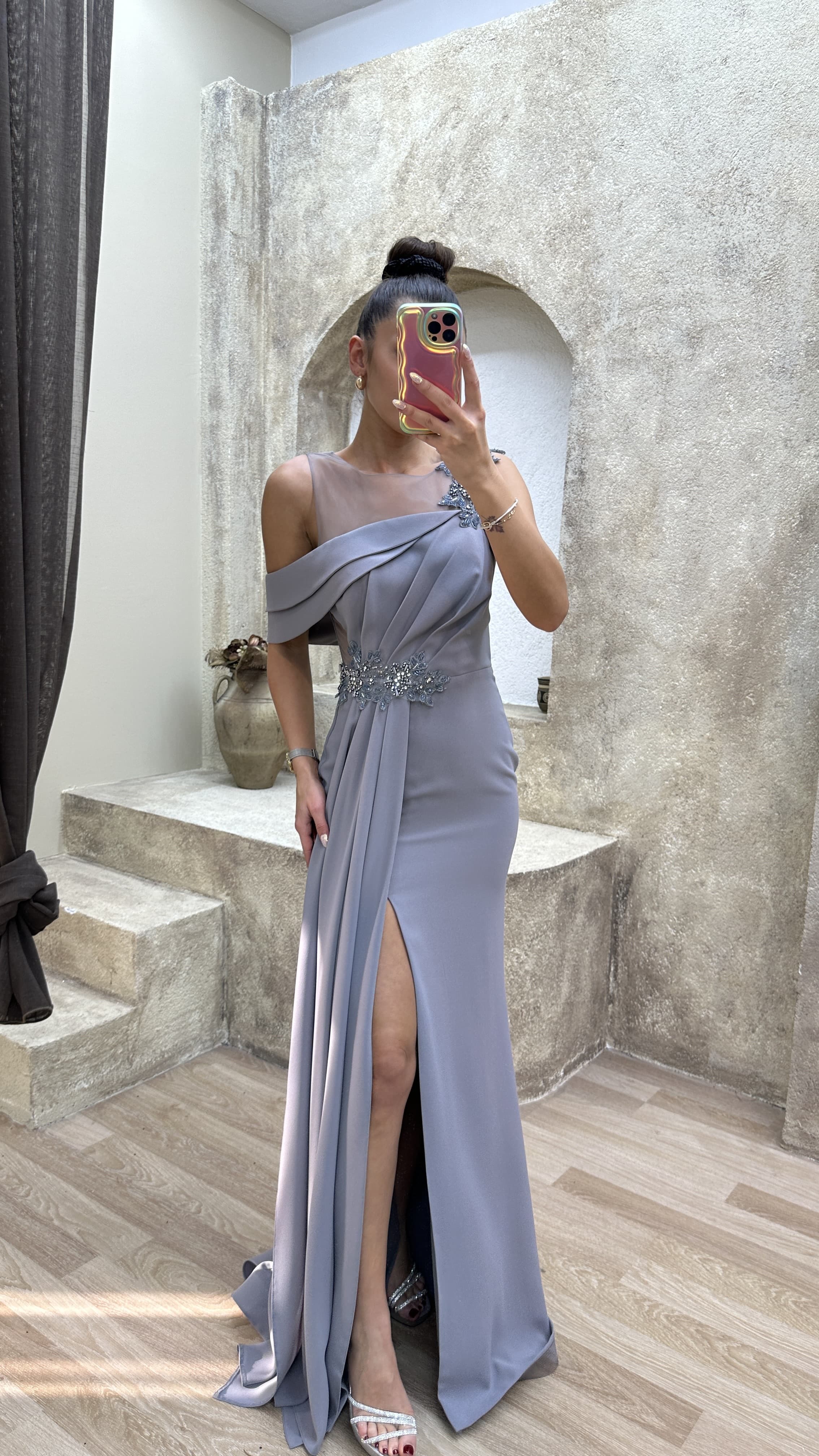 SHOULDER DETAIL PLEATED EMBROIDERED DESIGN DRESS