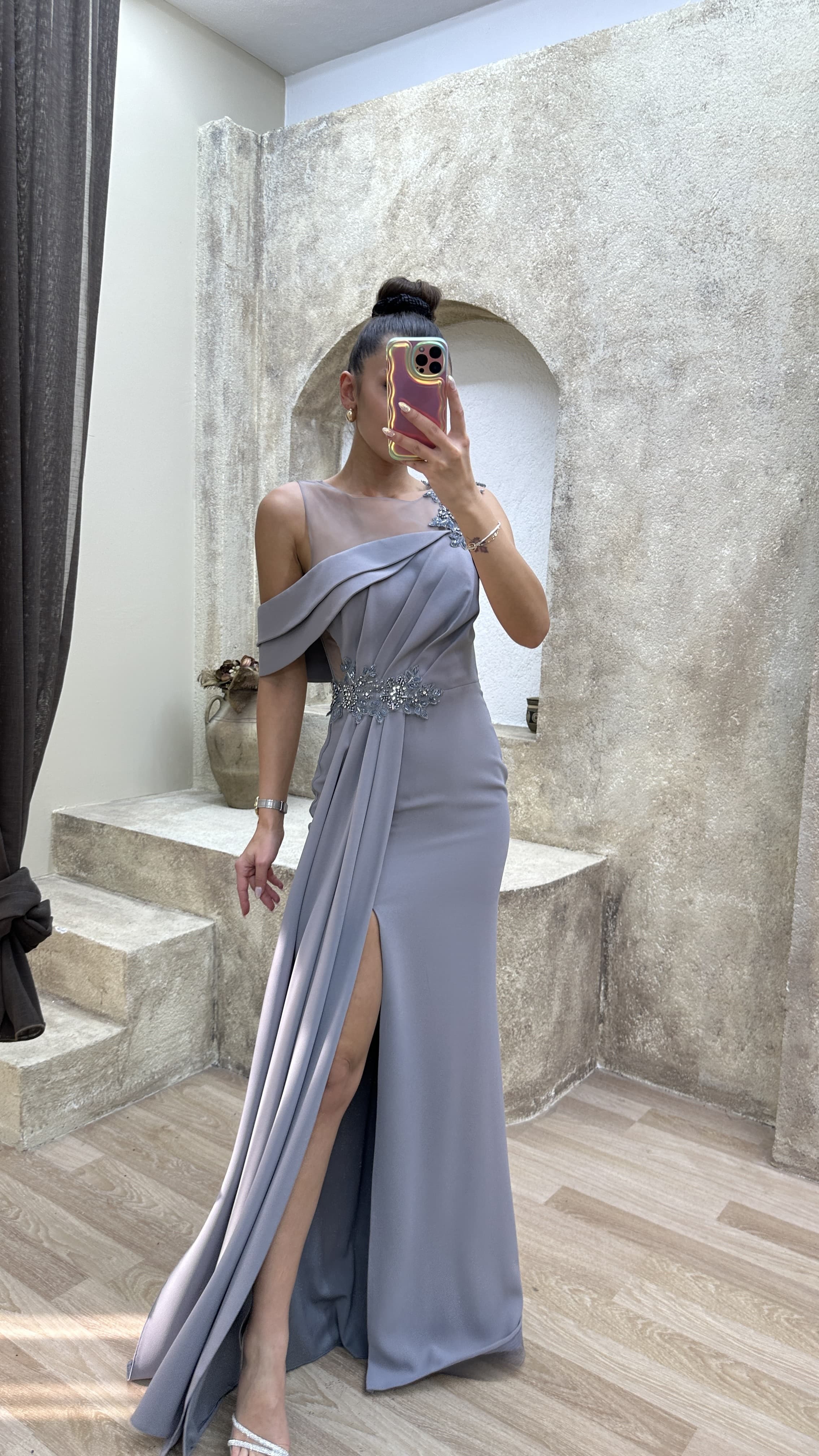 SHOULDER DETAIL PLEATED EMBROIDERED DESIGN DRESS