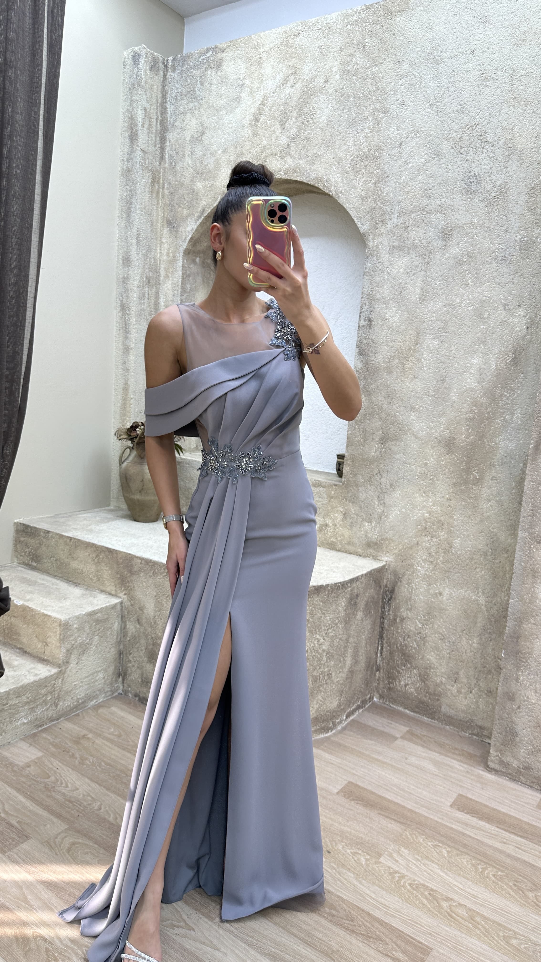 SHOULDER DETAIL PLEATED EMBROIDERED DESIGN DRESS