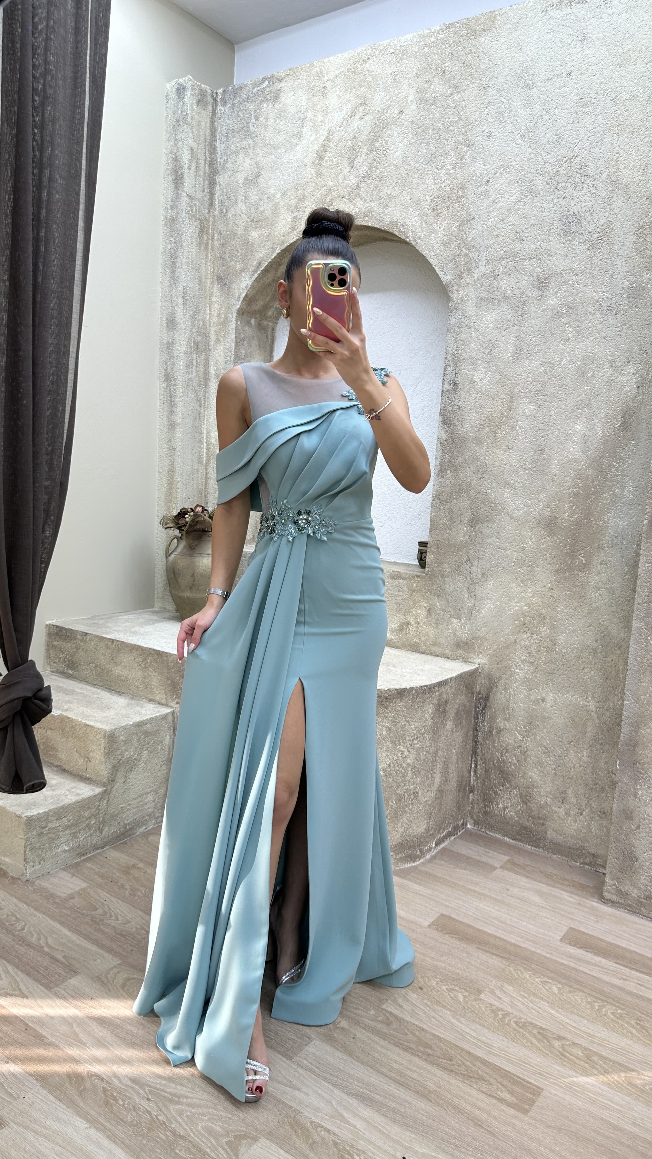 SHOULDER DETAIL PLEATED EMBROIDERED DESIGN DRESS