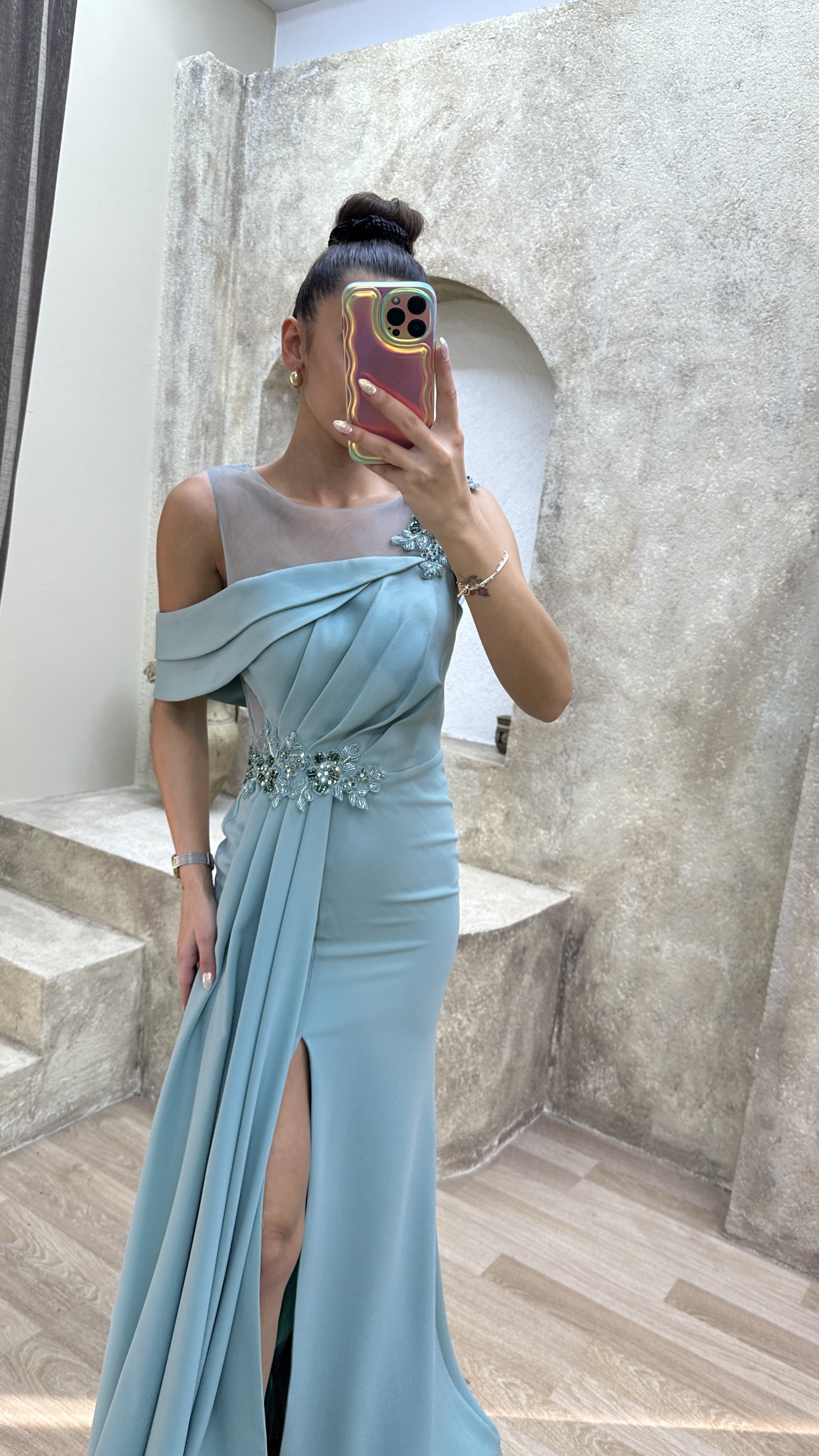 SHOULDER DETAIL PLEATED EMBROIDERED DESIGN DRESS