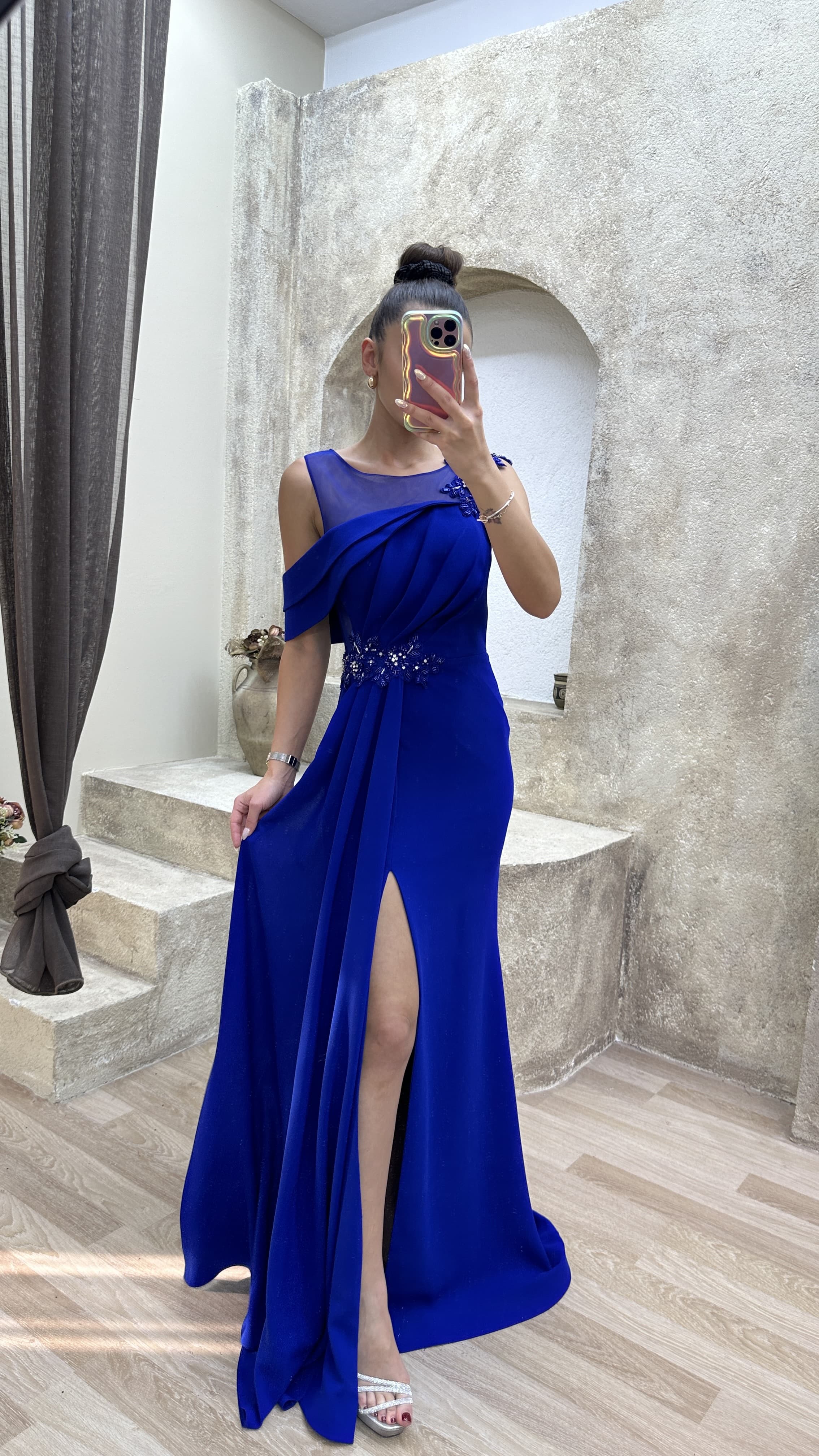 SHOULDER DETAIL PLEATED EMBROIDERED DESIGN DRESS