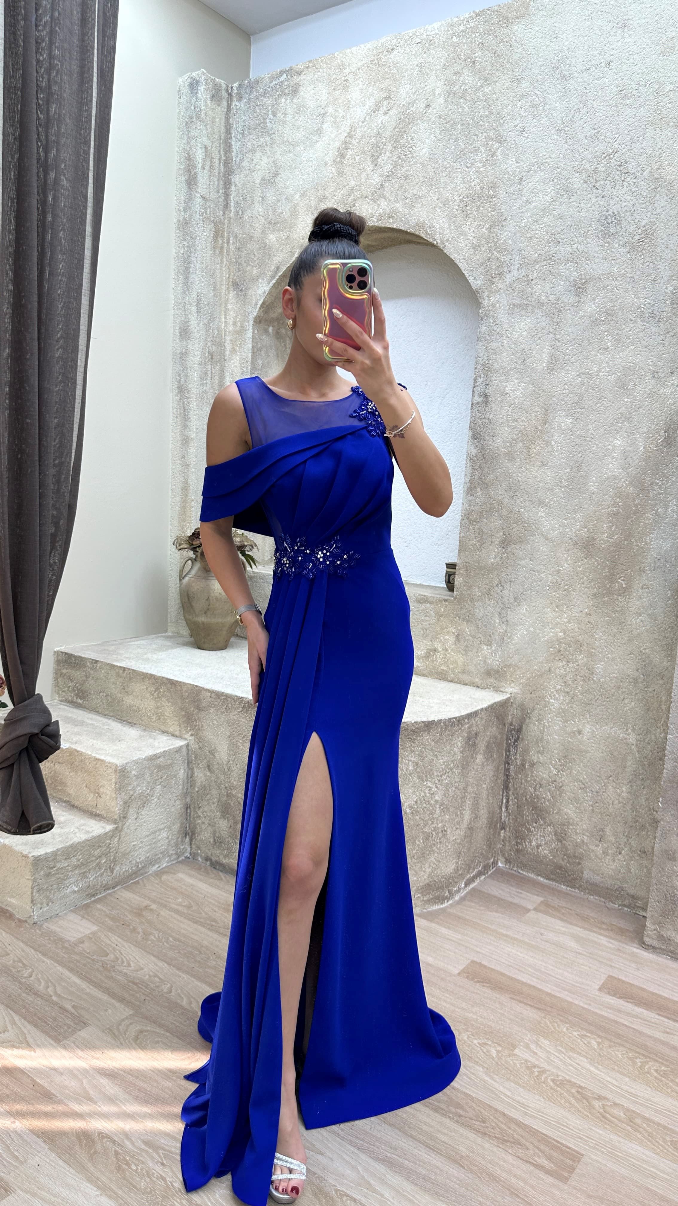 SHOULDER DETAIL PLEATED EMBROIDERED DESIGN DRESS