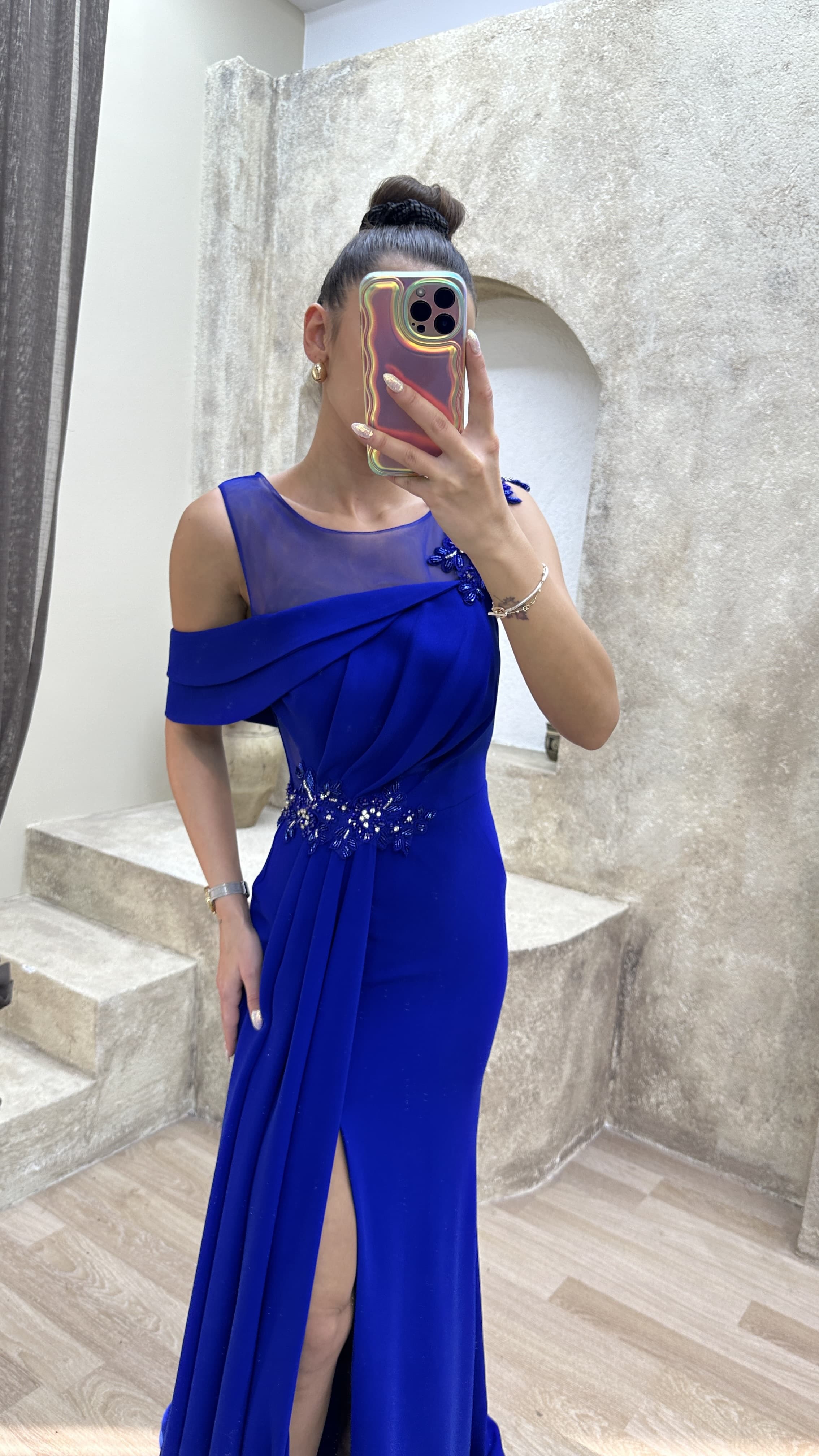 SHOULDER DETAIL PLEATED EMBROIDERED DESIGN DRESS