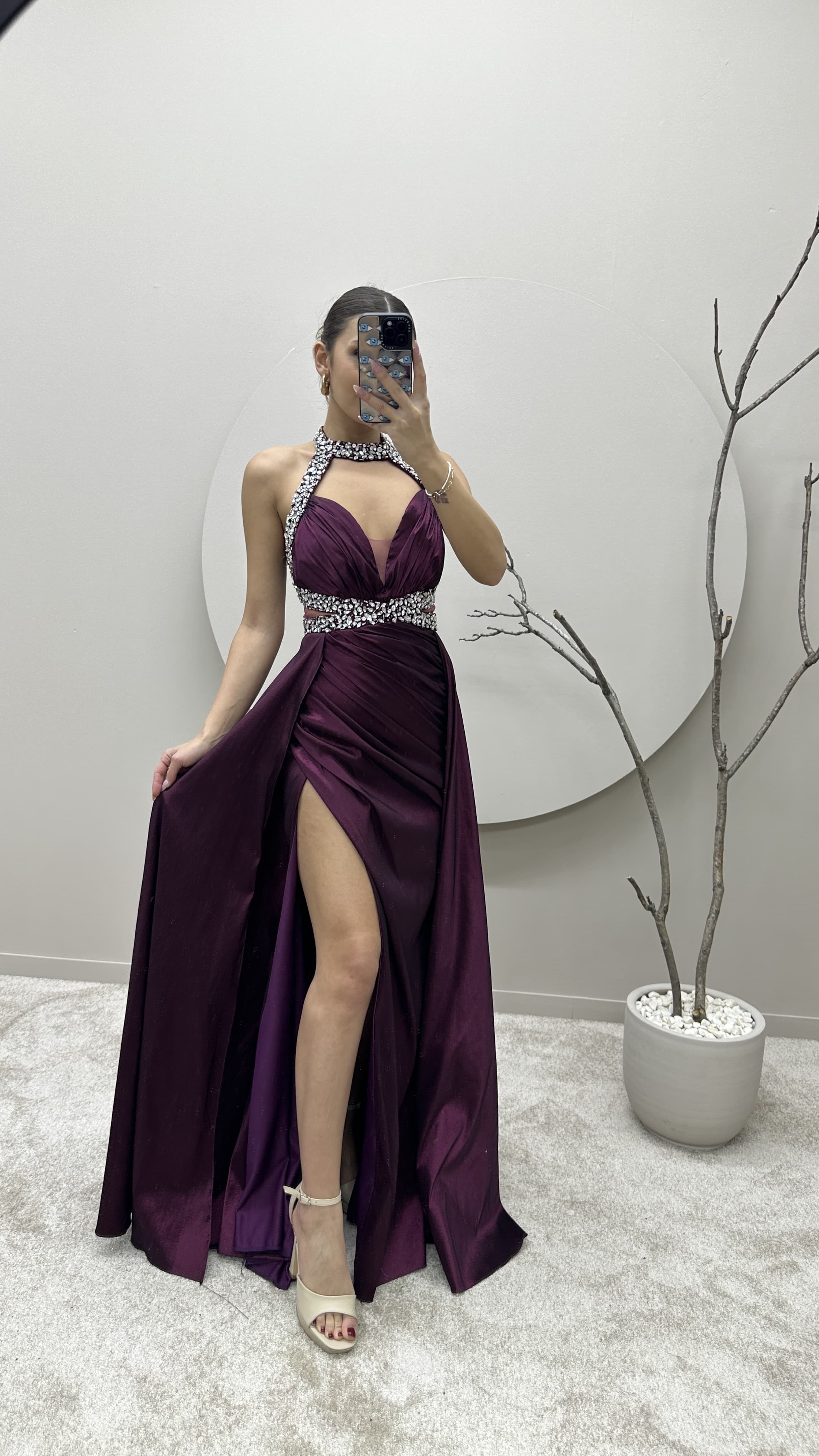 Neck And Waist Detail Stone Embroidered Satin Evening Dress