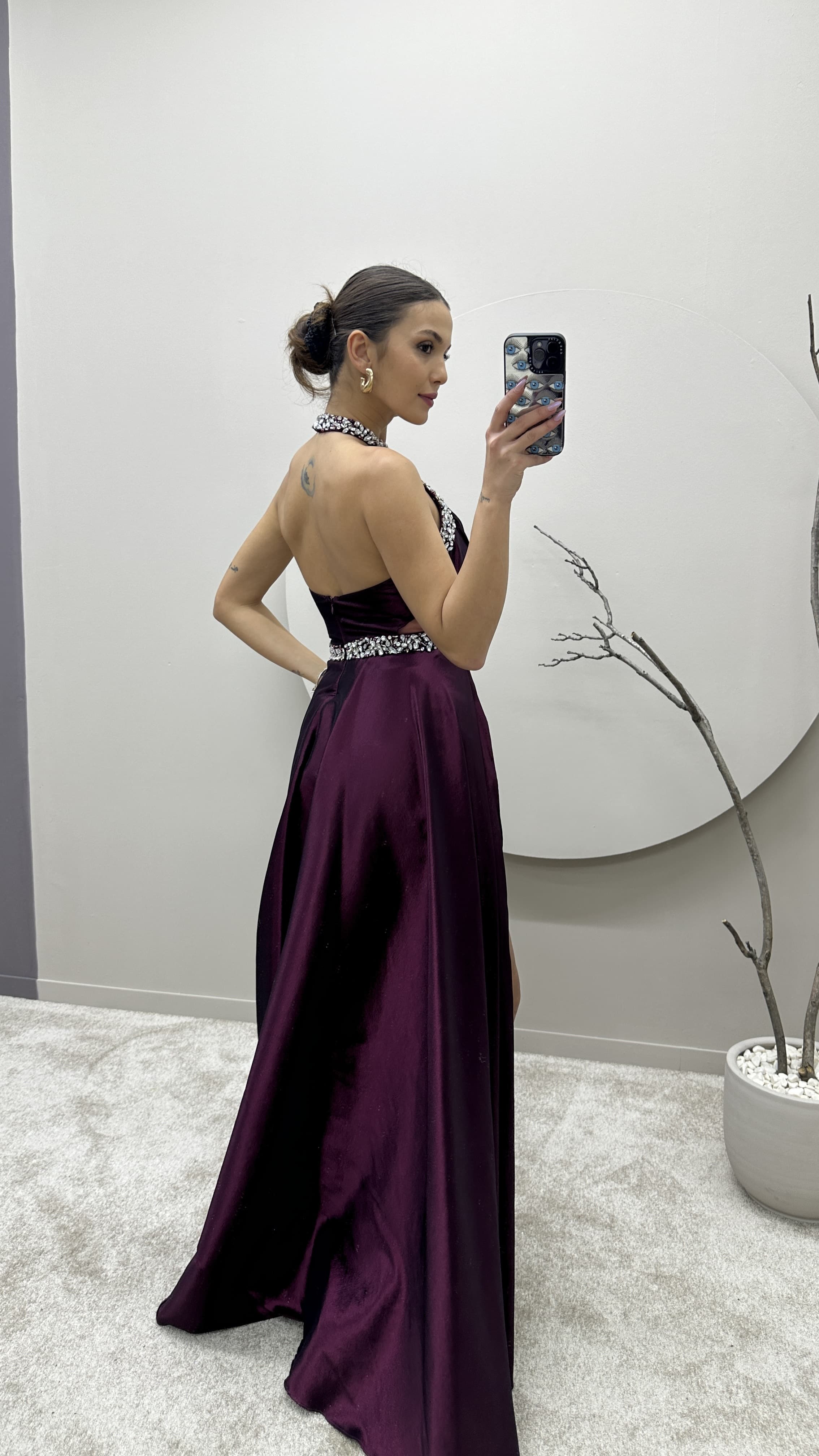 Neck And Waist Detail Stone Embroidered Satin Evening Dress