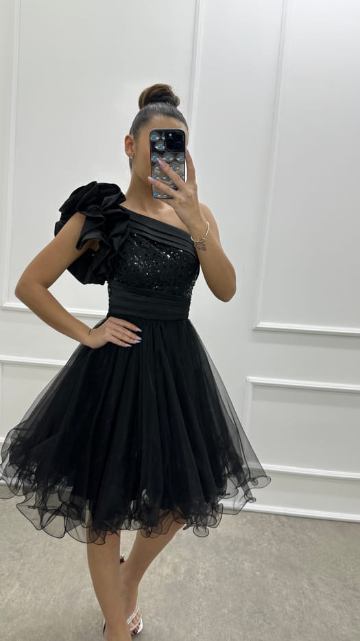 ONE SHOULDER FLYWHEEL DETAIL DESIGN TULLE DRESS