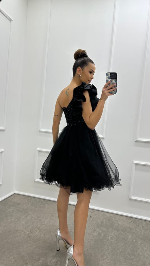 ONE SHOULDER FLYWHEEL DETAIL DESIGN TULLE DRESS