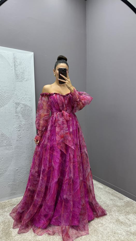 GREEN BALLOON SLEEVE CHEST RUFFLED PATTERNED DESIGN DRESS