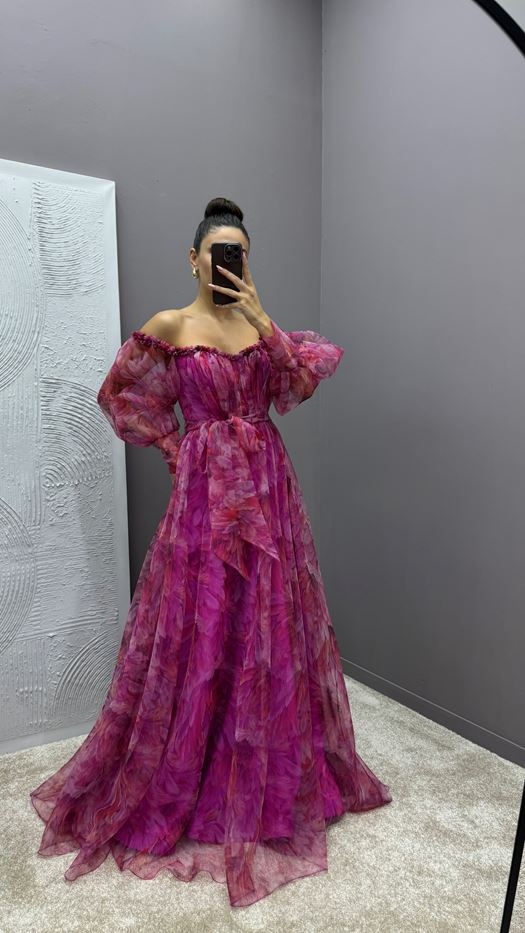 GREEN BALLOON SLEEVE CHEST RUFFLED PATTERNED DESIGN DRESS