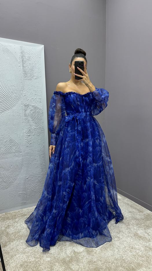 GREEN BALLOON SLEEVE CHEST RUFFLED PATTERNED DESIGN DRESS