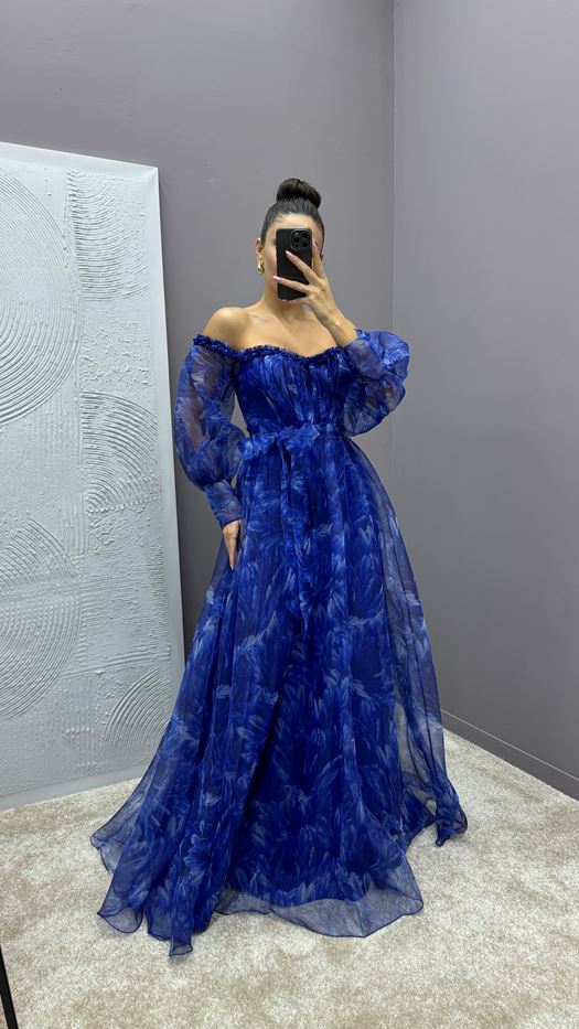 GREEN BALLOON SLEEVE CHEST RUFFLED PATTERNED DESIGN DRESS