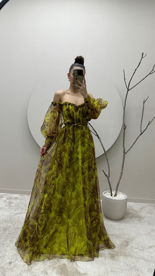 GREEN BALLOON SLEEVE CHEST RUFFLED PATTERNED DESIGN DRESS