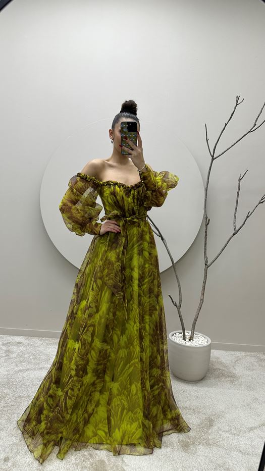 GREEN BALLOON SLEEVE CHEST RUFFLED PATTERNED DESIGN DRESS