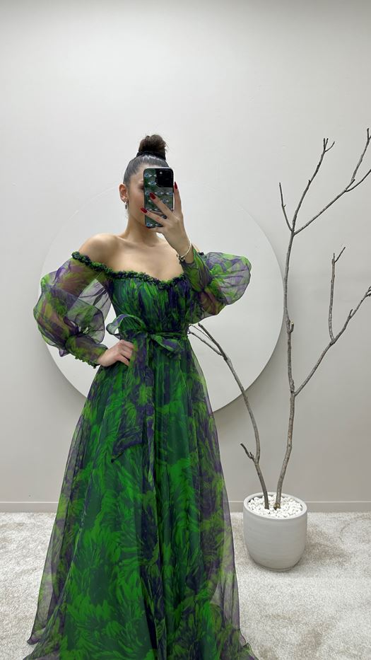 GREEN BALLOON SLEEVE CHEST RUFFLED PATTERNED DESIGN DRESS