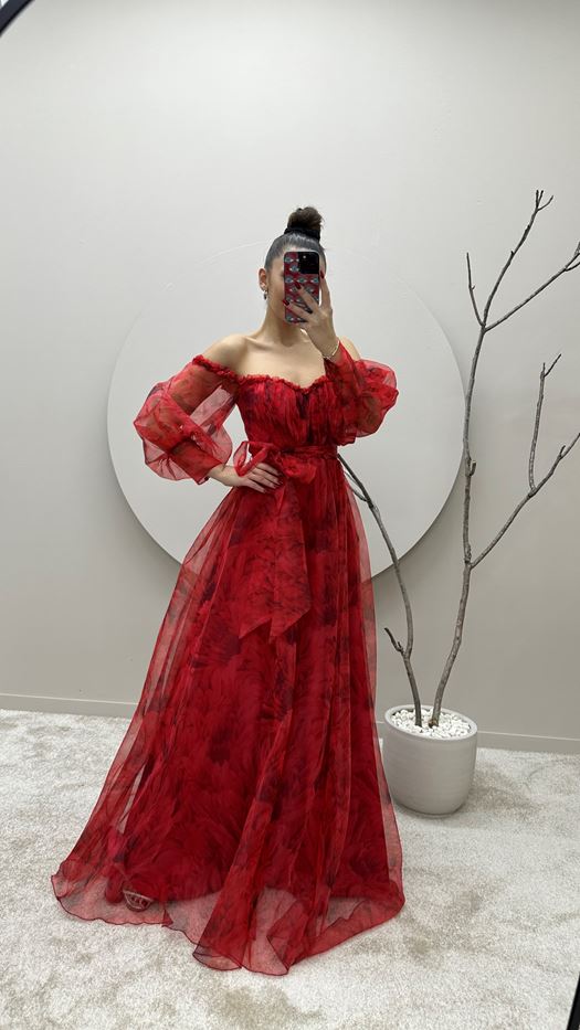 GREEN BALLOON SLEEVE CHEST RUFFLED PATTERNED DESIGN DRESS