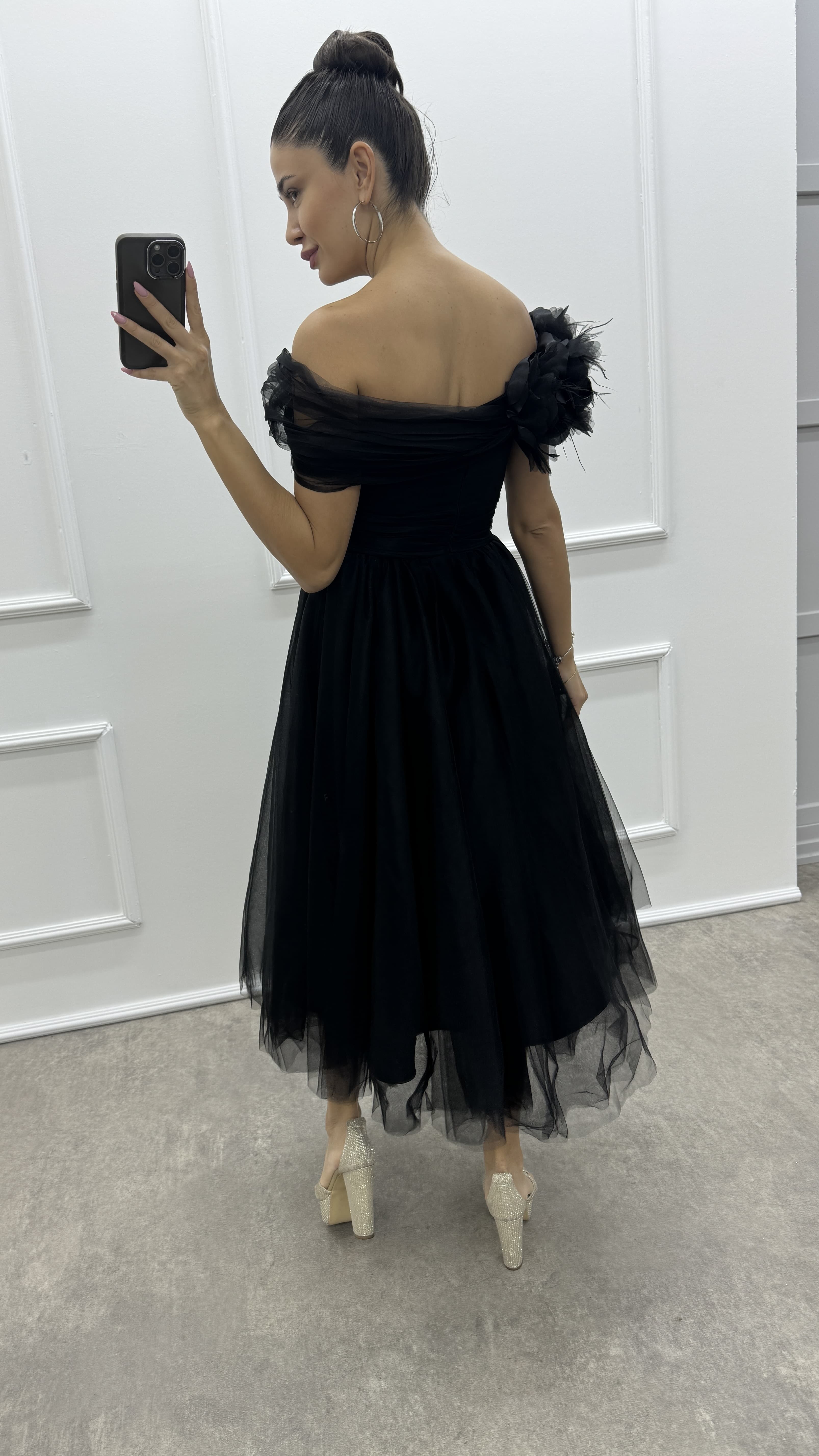 SHOULDER FLOWER DETAIL DESIGN TULLE DRESS