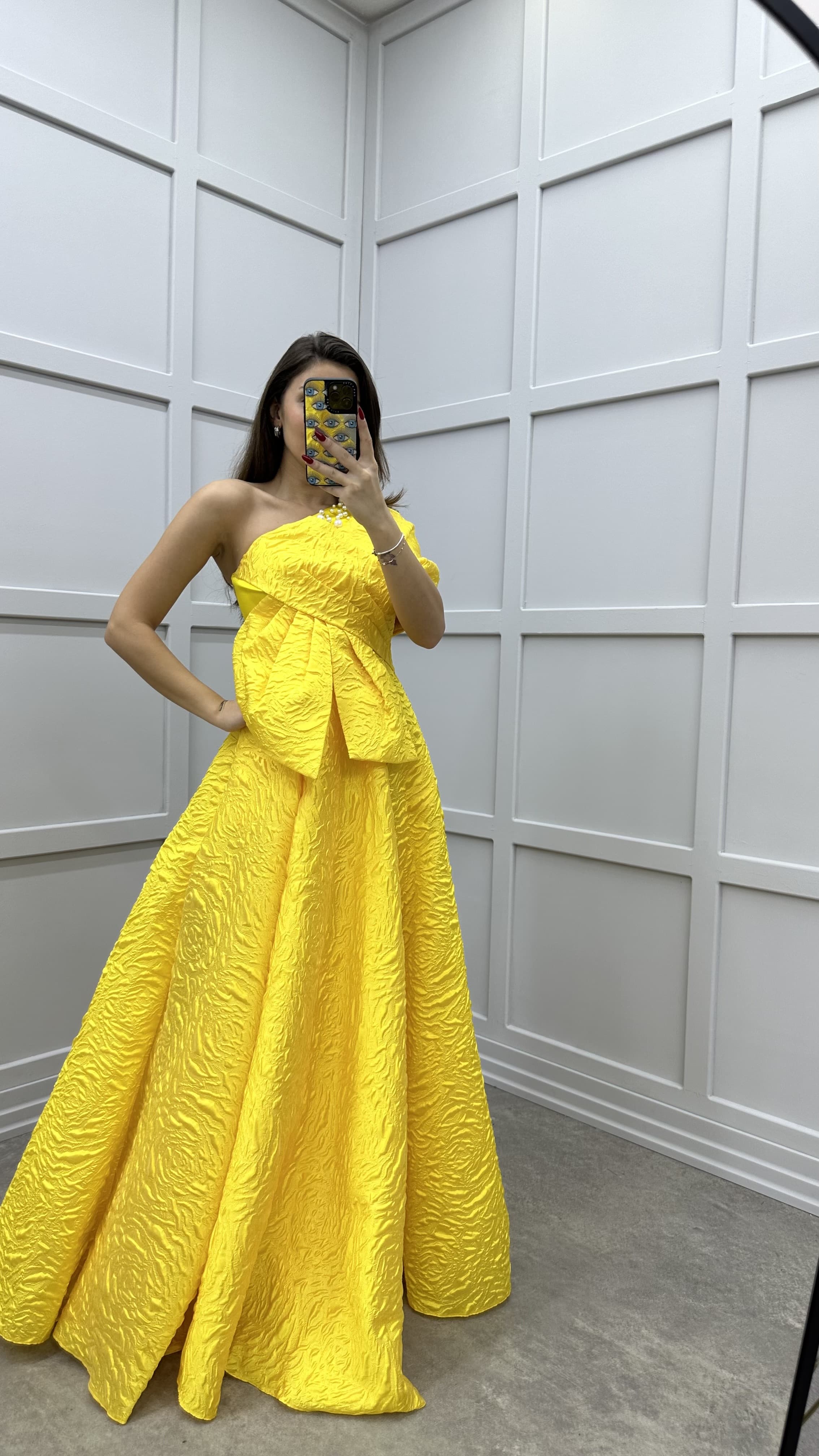 ONE SHOULDER BOW DETAIL JACQUARD DESIGN EVENING DRESS