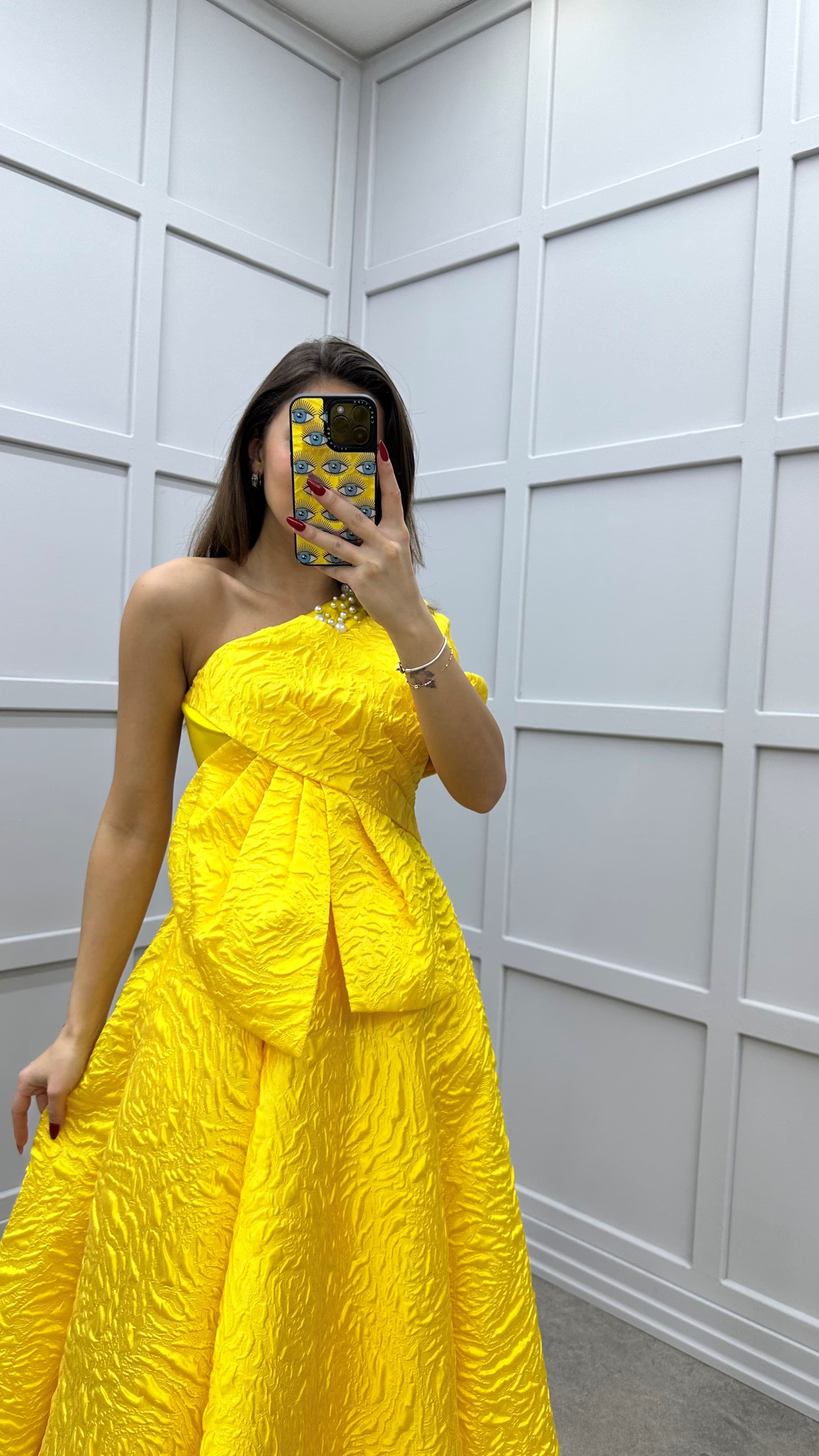 ONE SHOULDER BOW DETAIL JACQUARD DESIGN EVENING DRESS