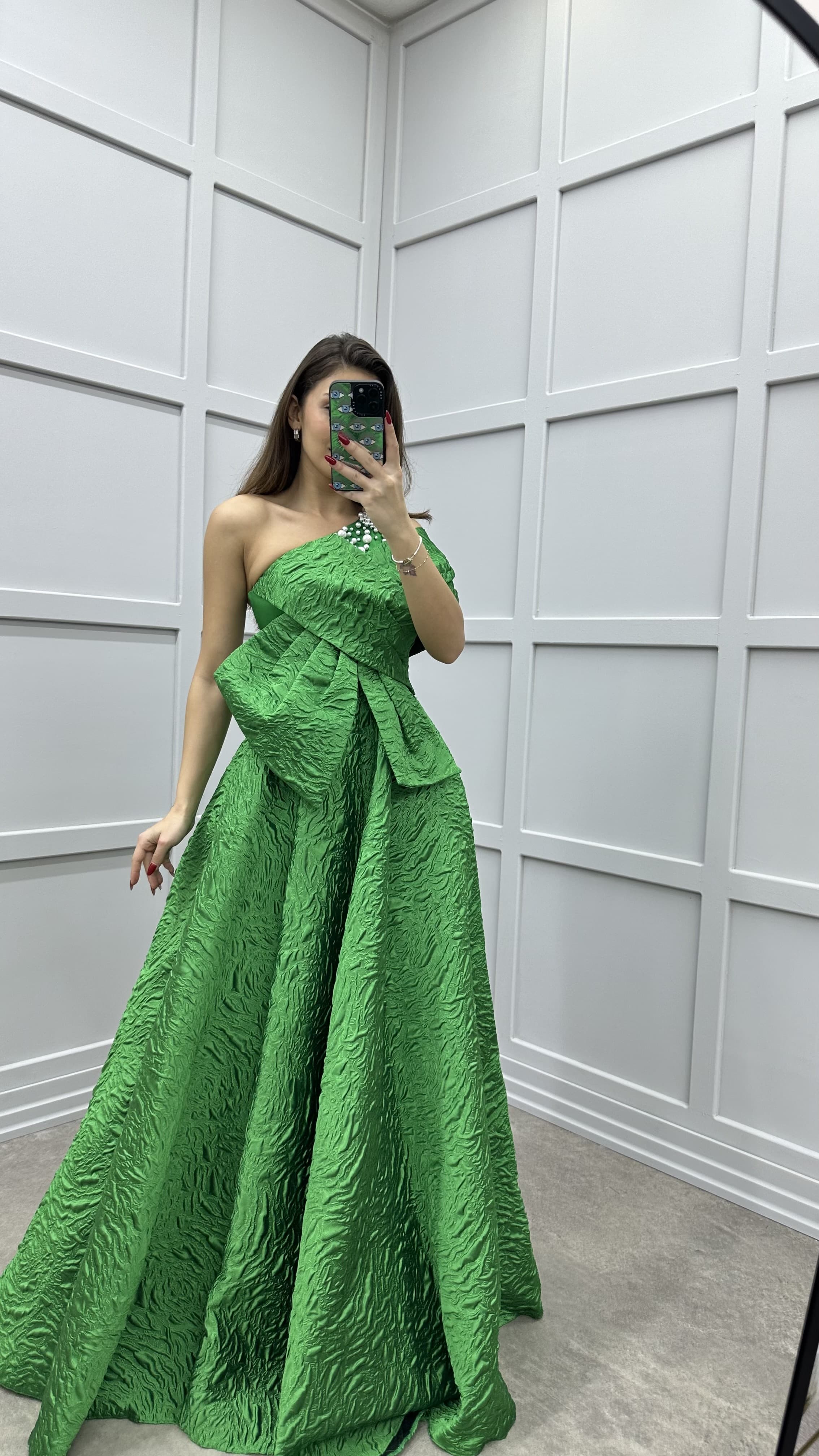 ONE SHOULDER BOW DETAIL JACQUARD DESIGN EVENING DRESS