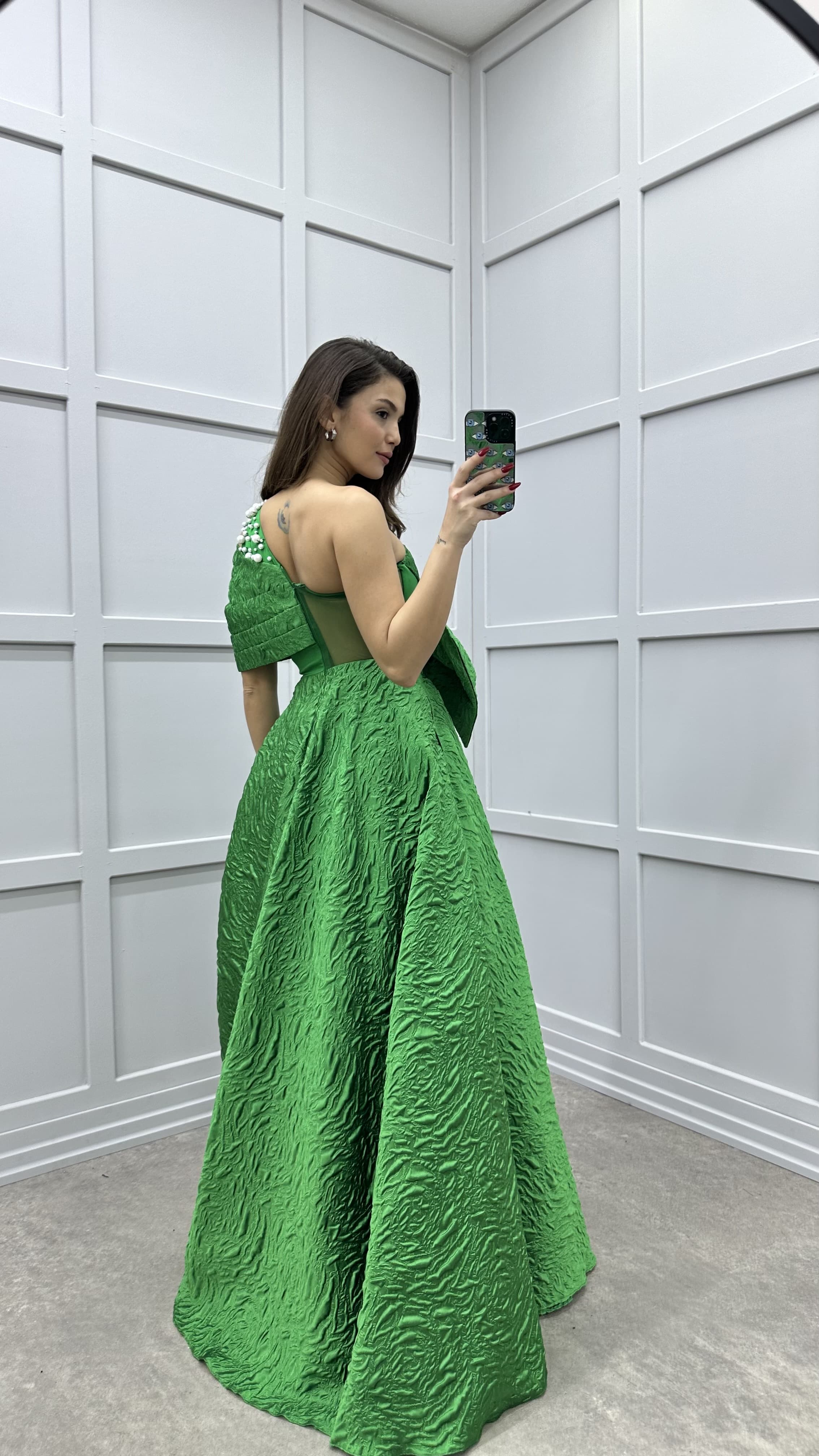 ONE SHOULDER BOW DETAIL JACQUARD DESIGN EVENING DRESS