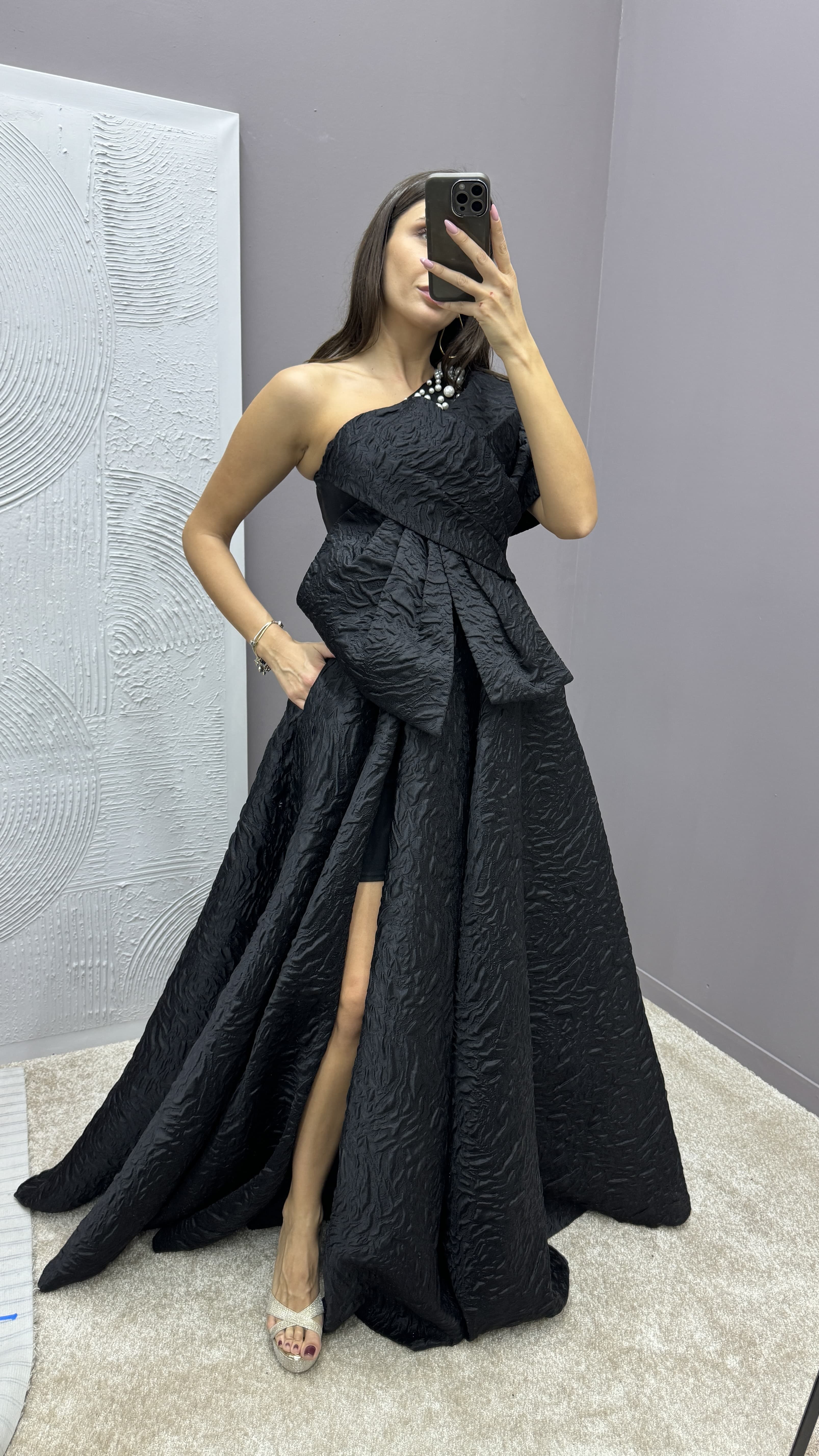 ONE SHOULDER BOW DETAIL JACQUARD DESIGN EVENING DRESS