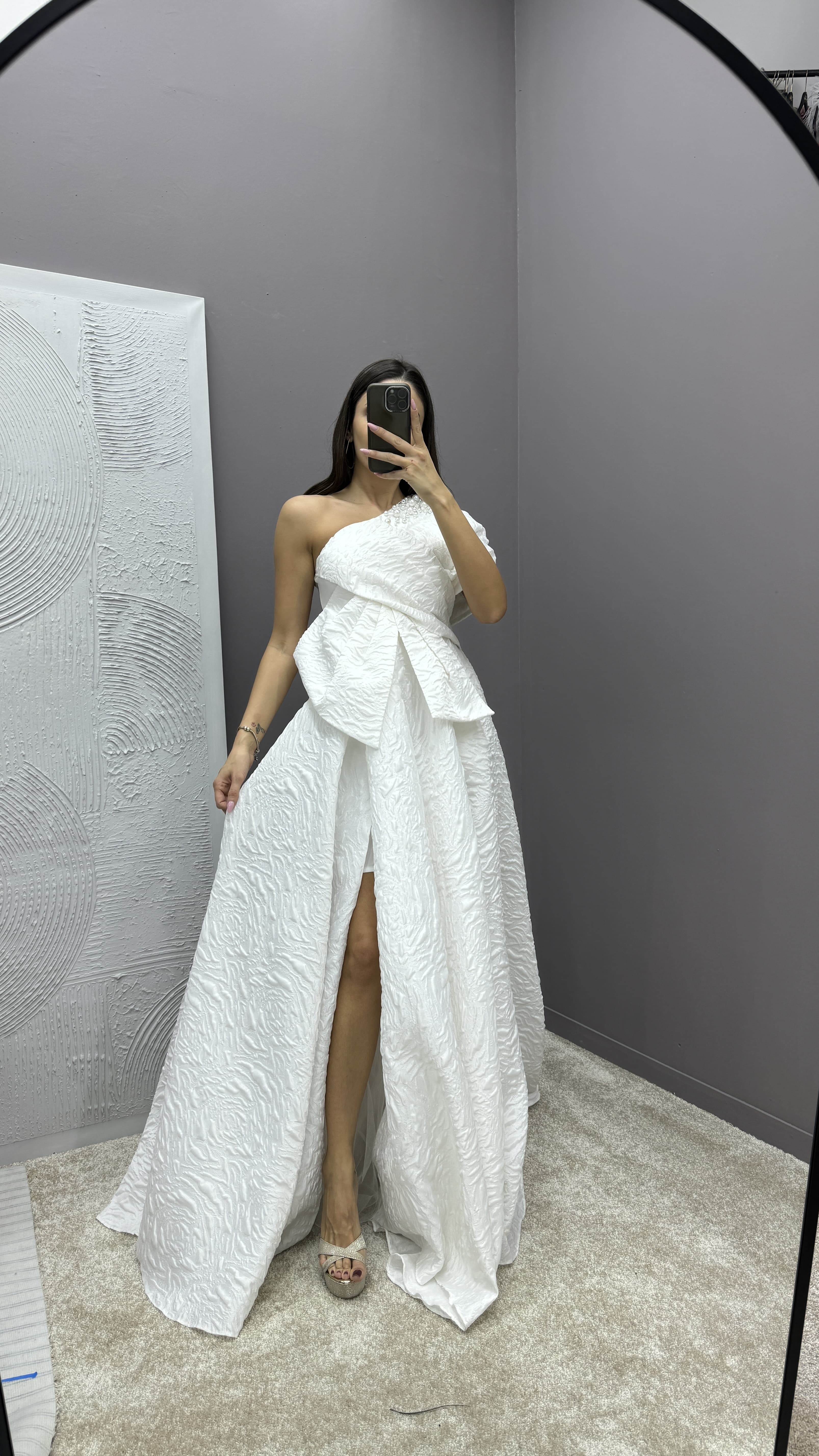 ONE SHOULDER BOW DETAIL JACQUARD DESIGN EVENING DRESS