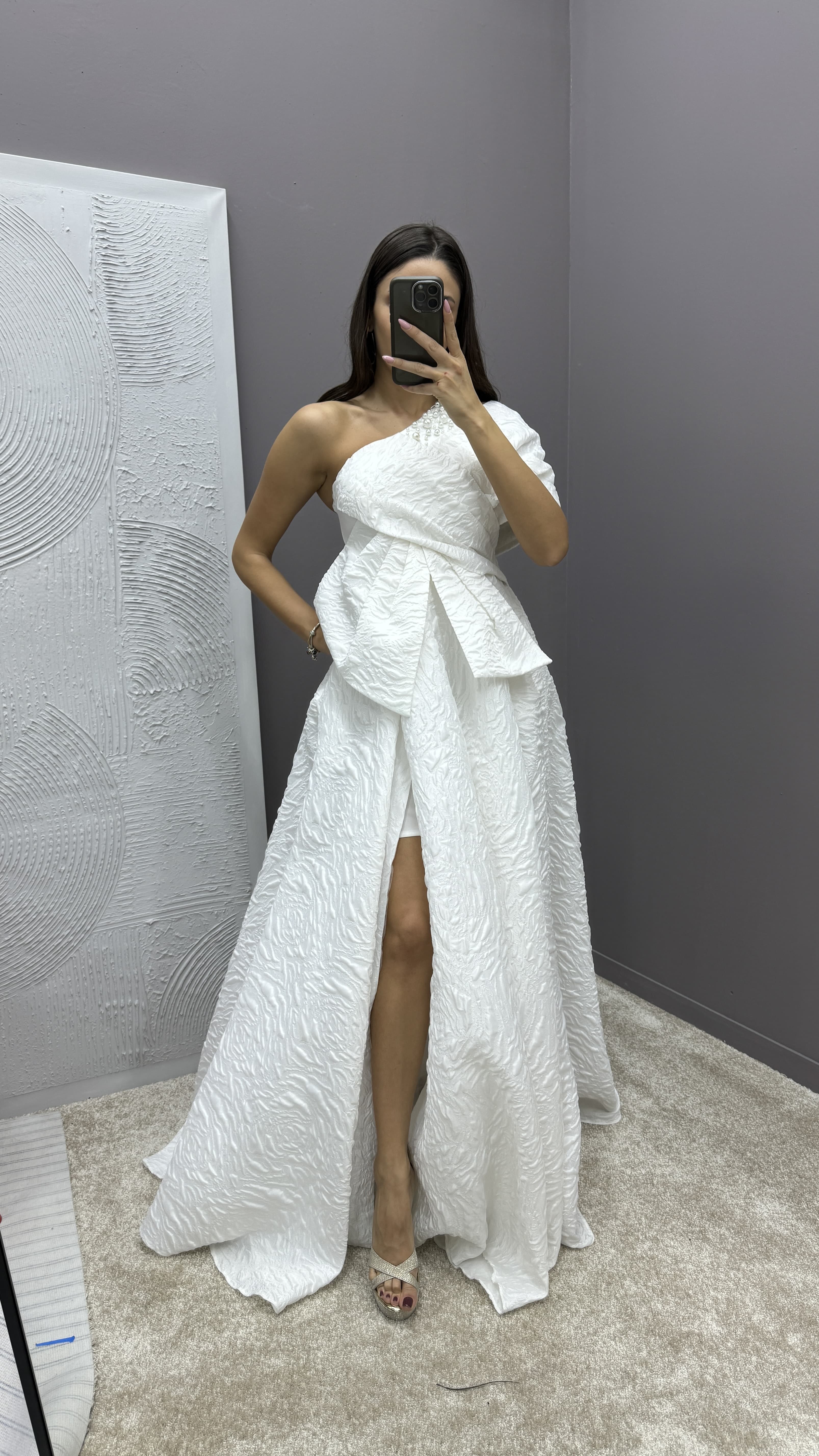 ONE SHOULDER BOW DETAIL JACQUARD DESIGN EVENING DRESS