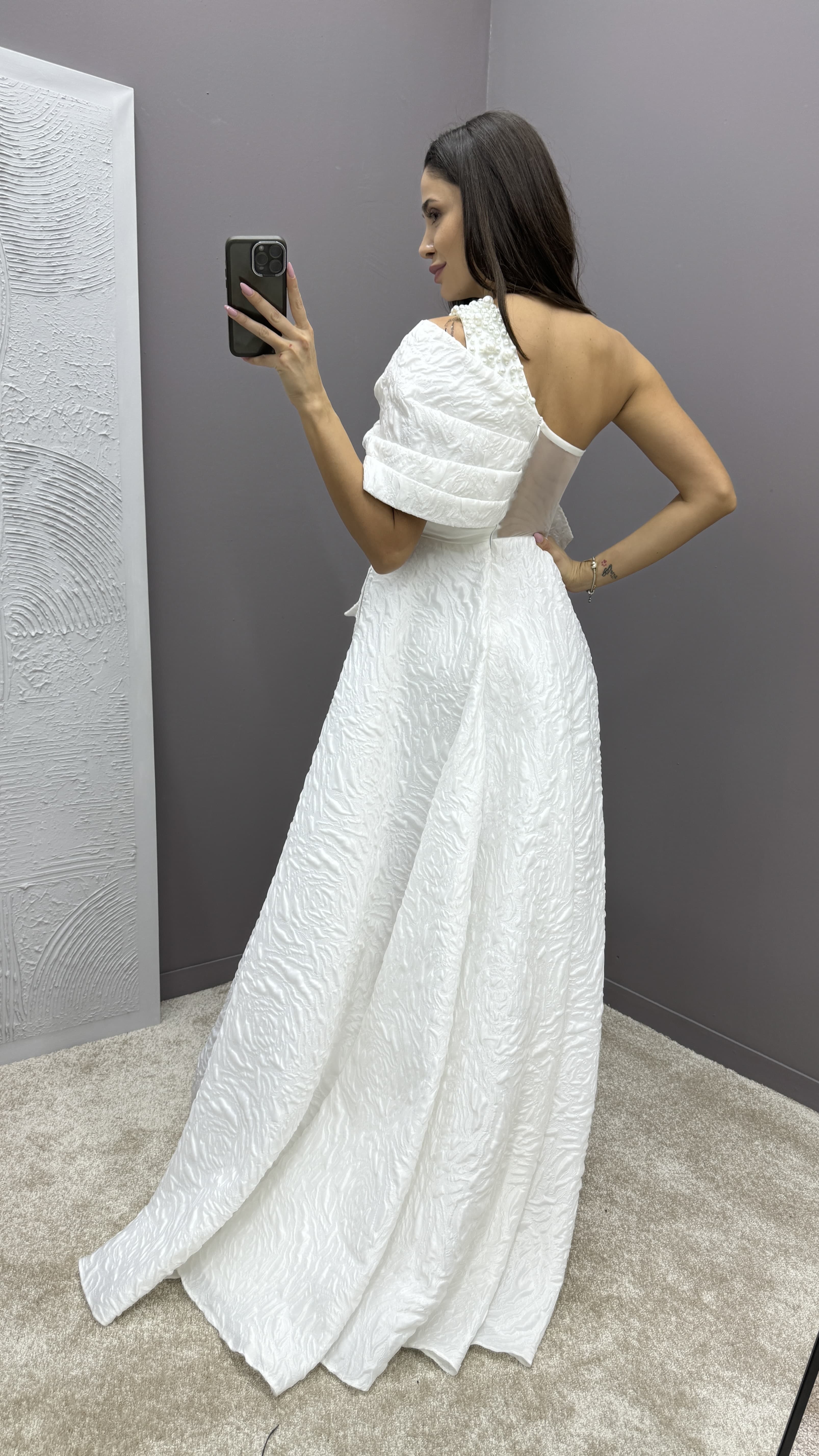 ONE SHOULDER BOW DETAIL JACQUARD DESIGN EVENING DRESS