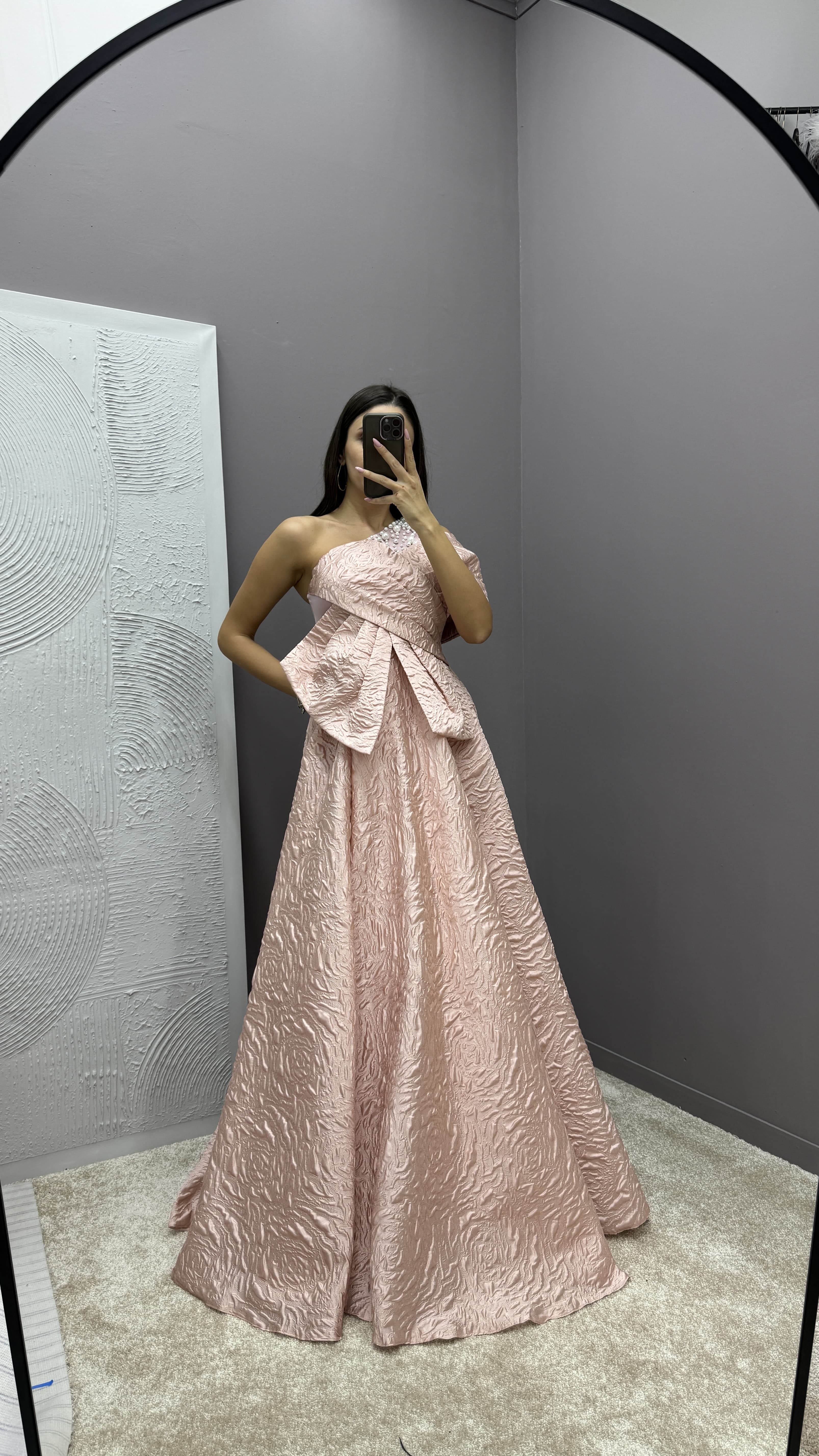 ONE SHOULDER BOW DETAIL JACQUARD DESIGN EVENING DRESS