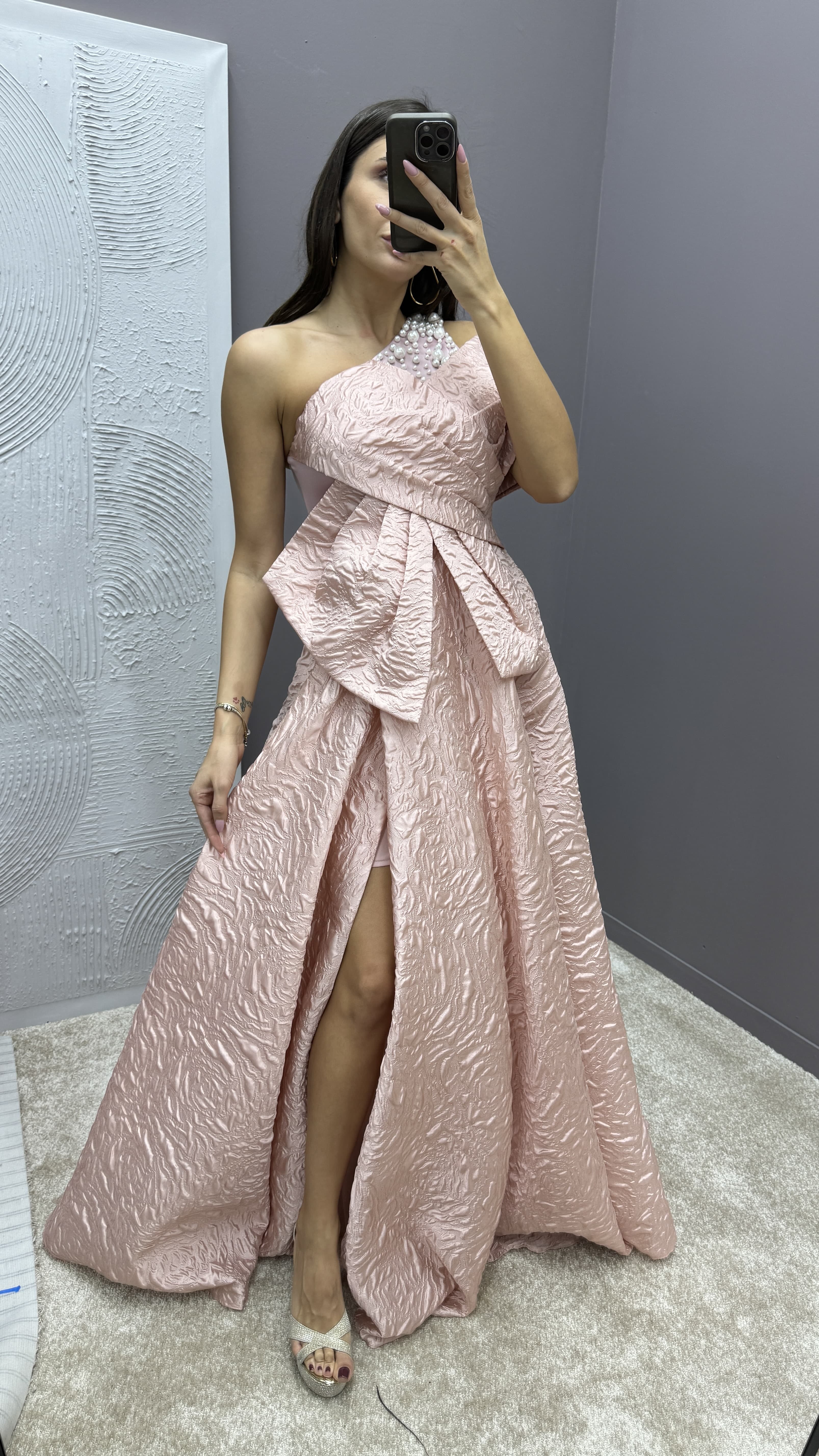 ONE SHOULDER BOW DETAIL JACQUARD DESIGN EVENING DRESS