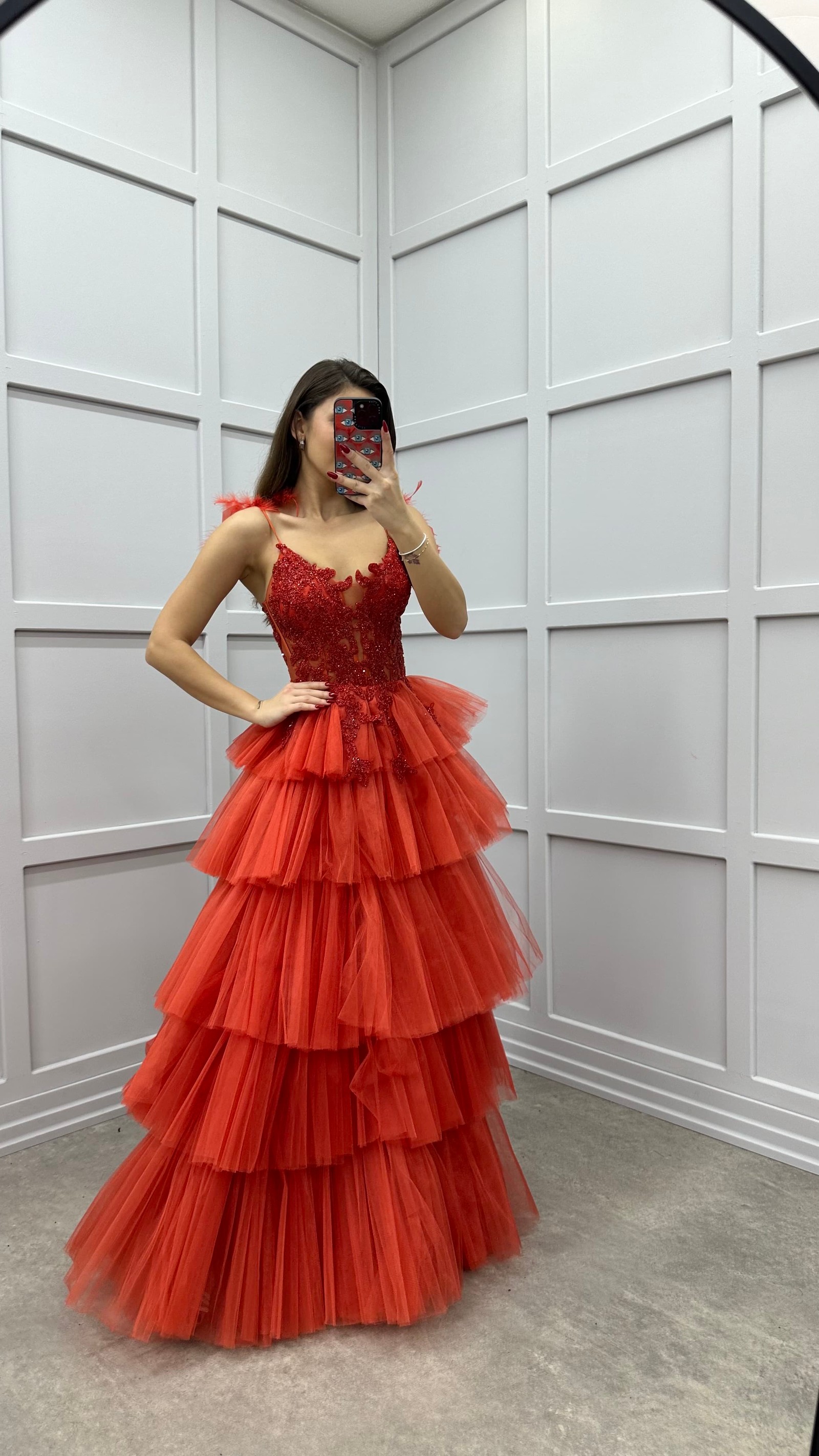 ORANGE SHOULDER FEATHER DETAIL EMBROIDERED LAYERED DESIGN DRESS