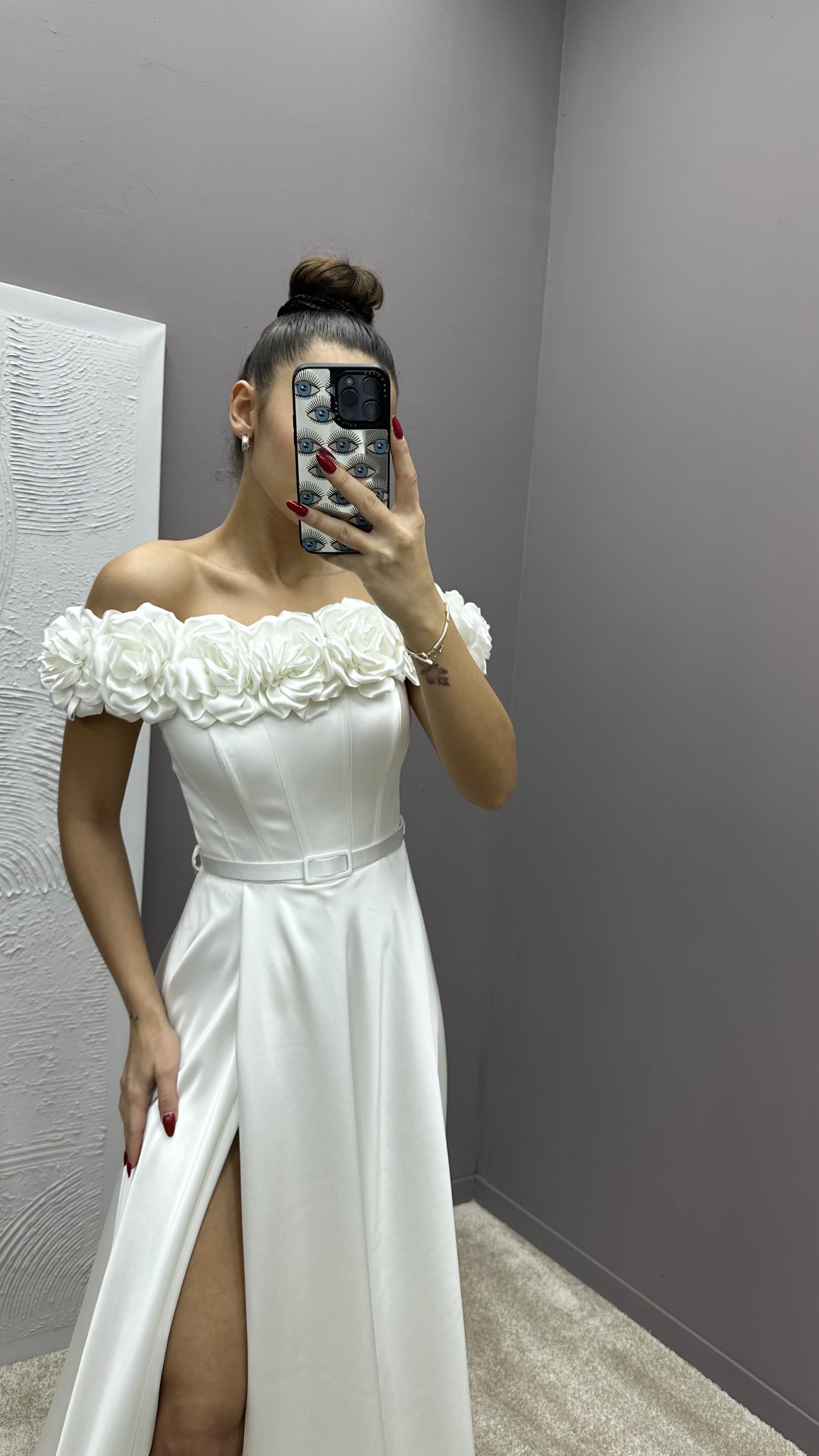 CHEST ROSE DETAIL DESIGN SATIN EVENING DRESS