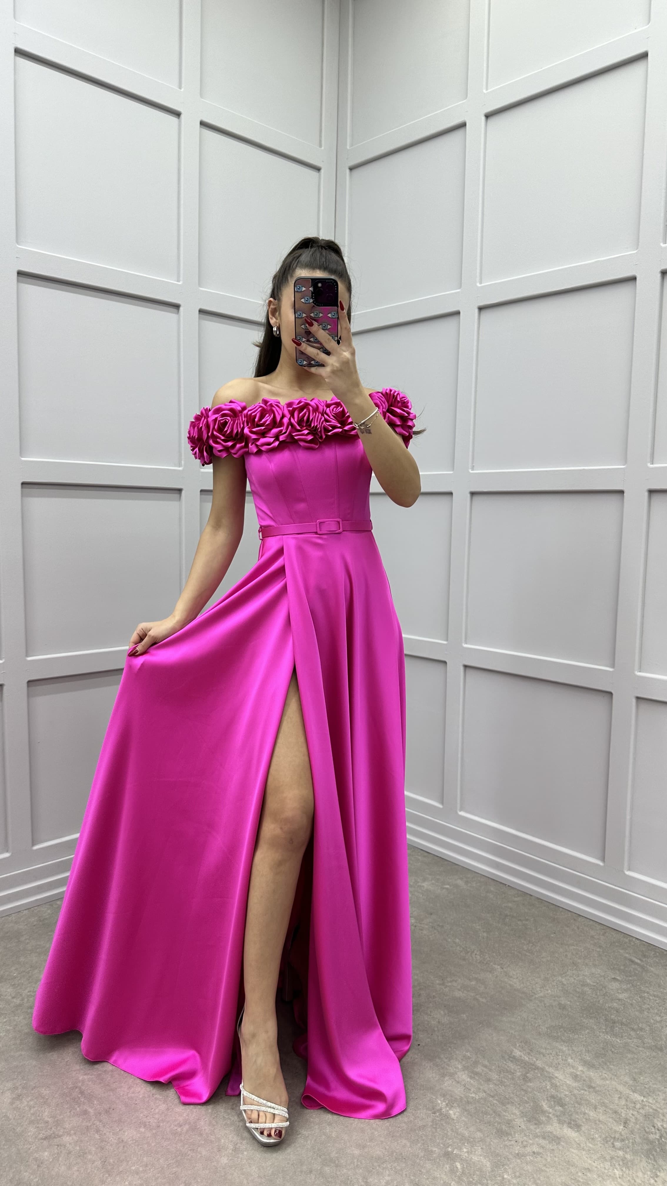 CHEST ROSE DETAIL DESIGN SATIN EVENING DRESS