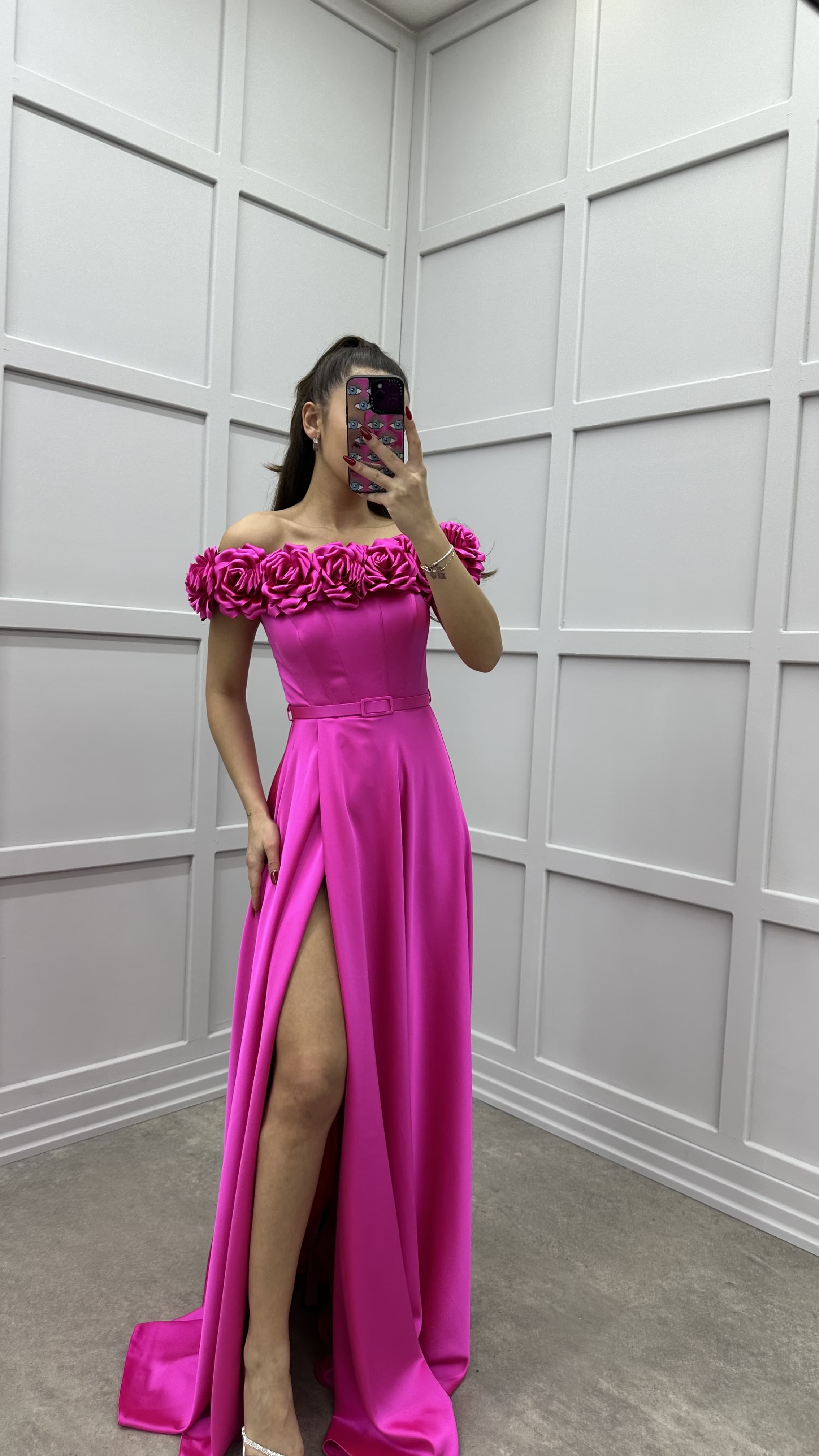 CHEST ROSE DETAIL DESIGN SATIN EVENING DRESS