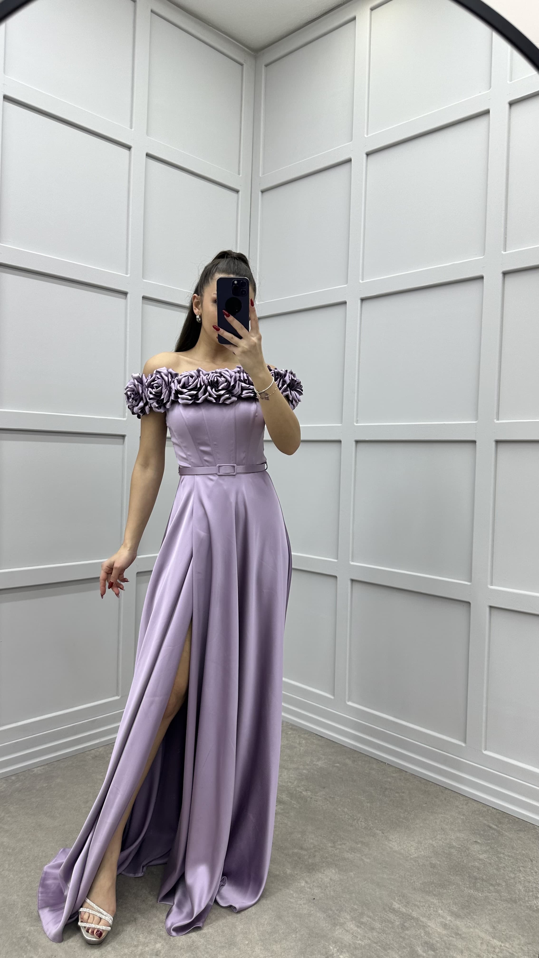 CHEST ROSE DETAIL DESIGN SATIN EVENING DRESS