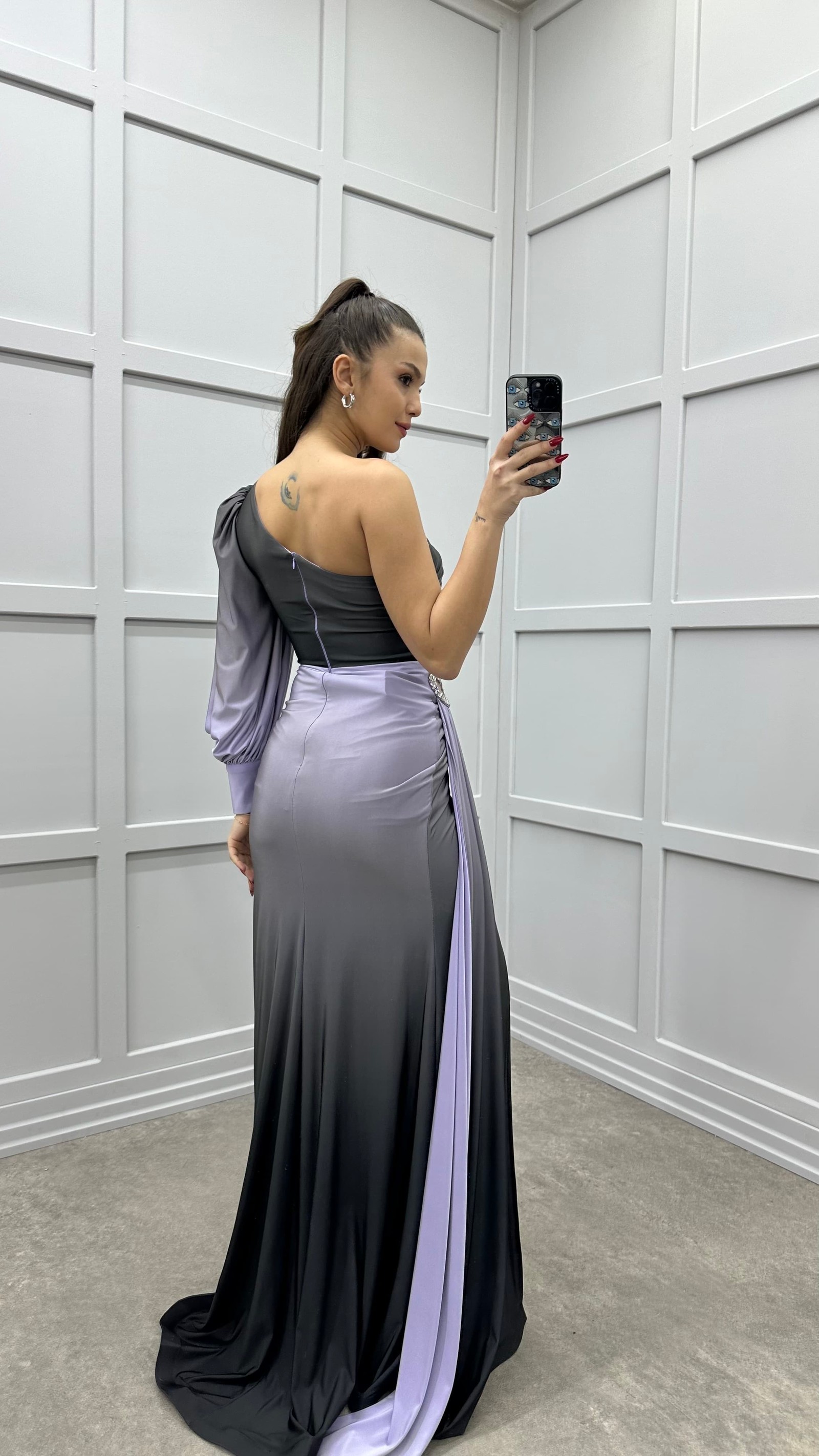 LILAC SINGLE SLEEVE WAIST DETAIL STONE EMBROIDERED DESIGN DRESS