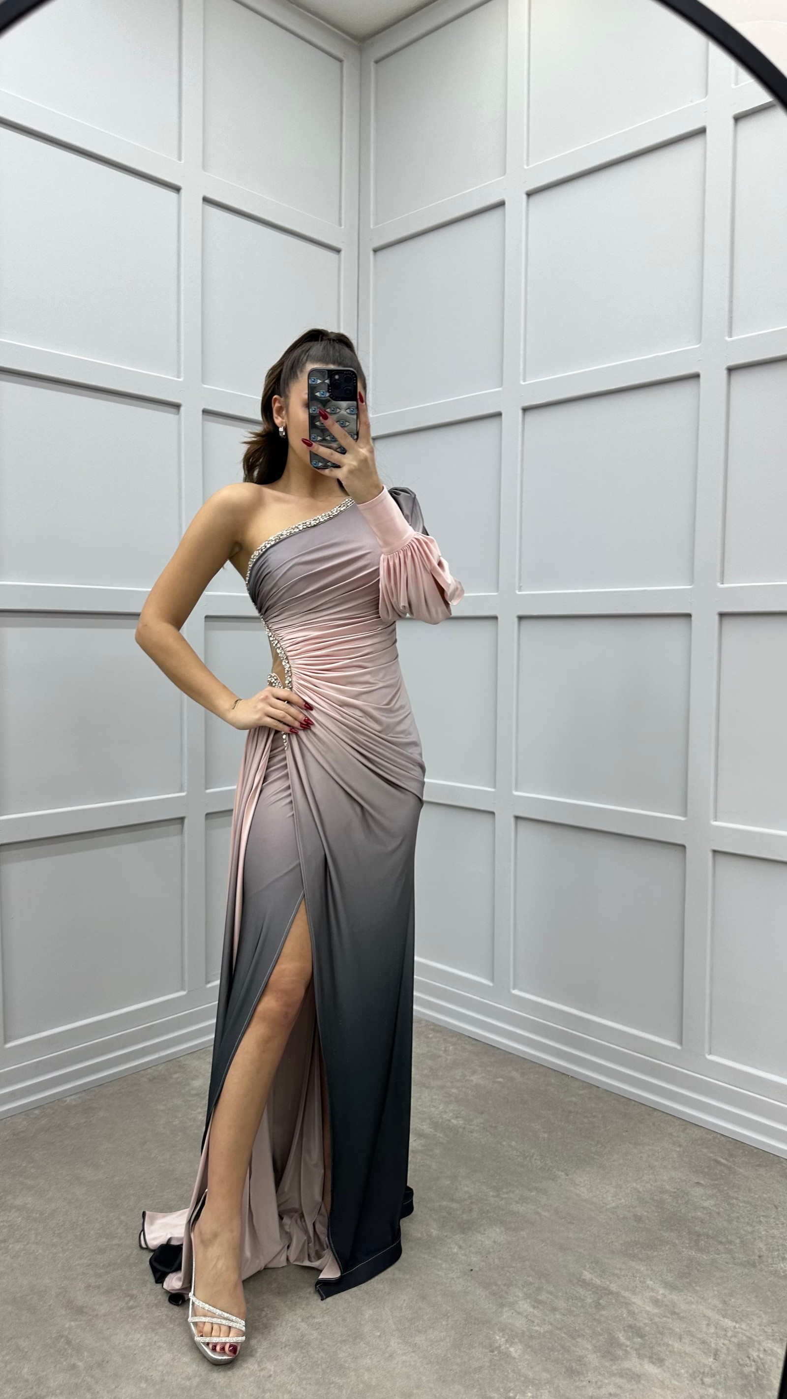 POWDER SINGLE SLEEVE WAIST DETAIL STONE EMBROIDERED DESIGN DRESS