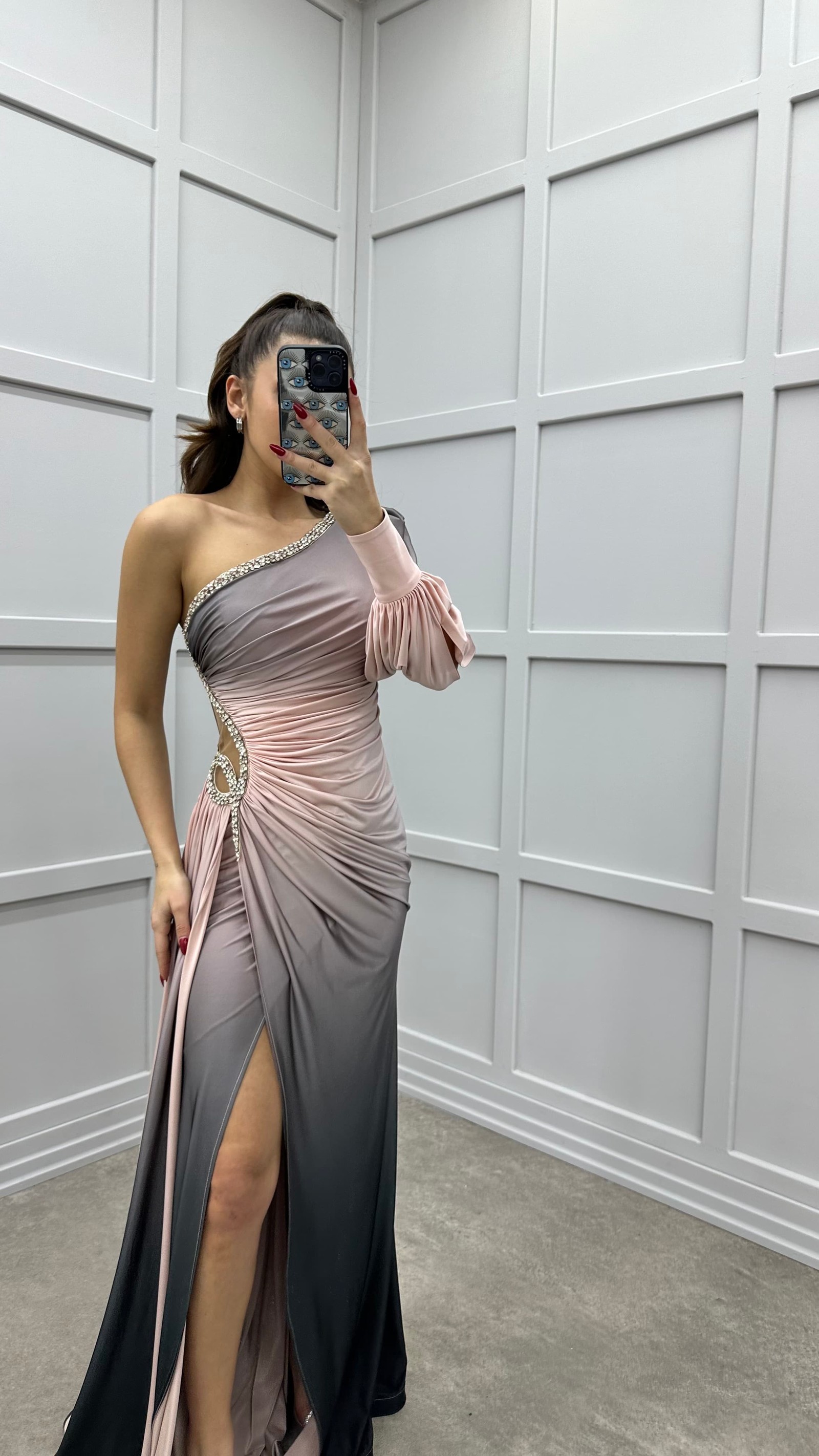 POWDER SINGLE SLEEVE WAIST DETAIL STONE EMBROIDERED DESIGN DRESS