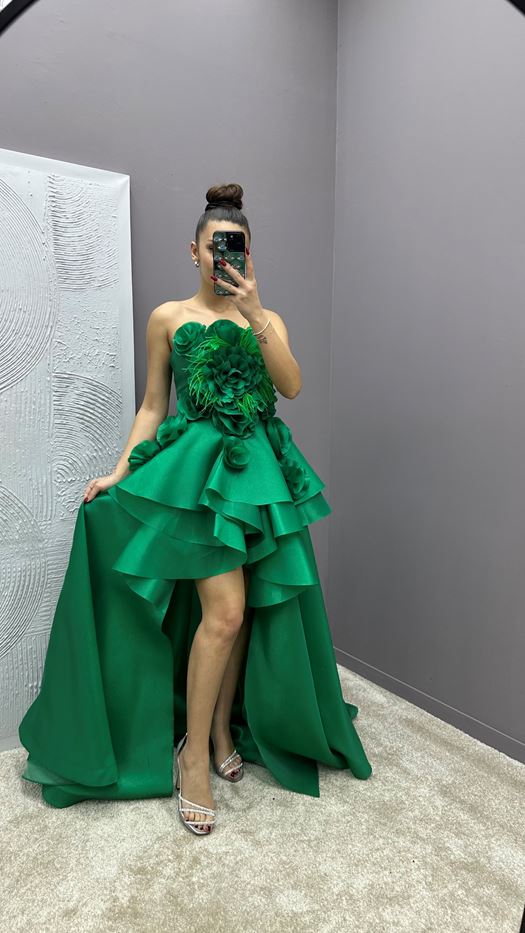 STRAPLESS FEATHER DETAIL ROSE DESIGN EVENING DRESS