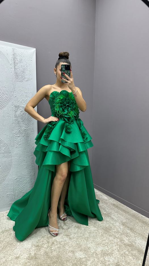 STRAPLESS FEATHER DETAIL ROSE DESIGN EVENING DRESS