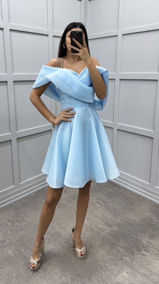 BABY BLUE CHEST CROSS PLEATED DESIGN MINI DRESS