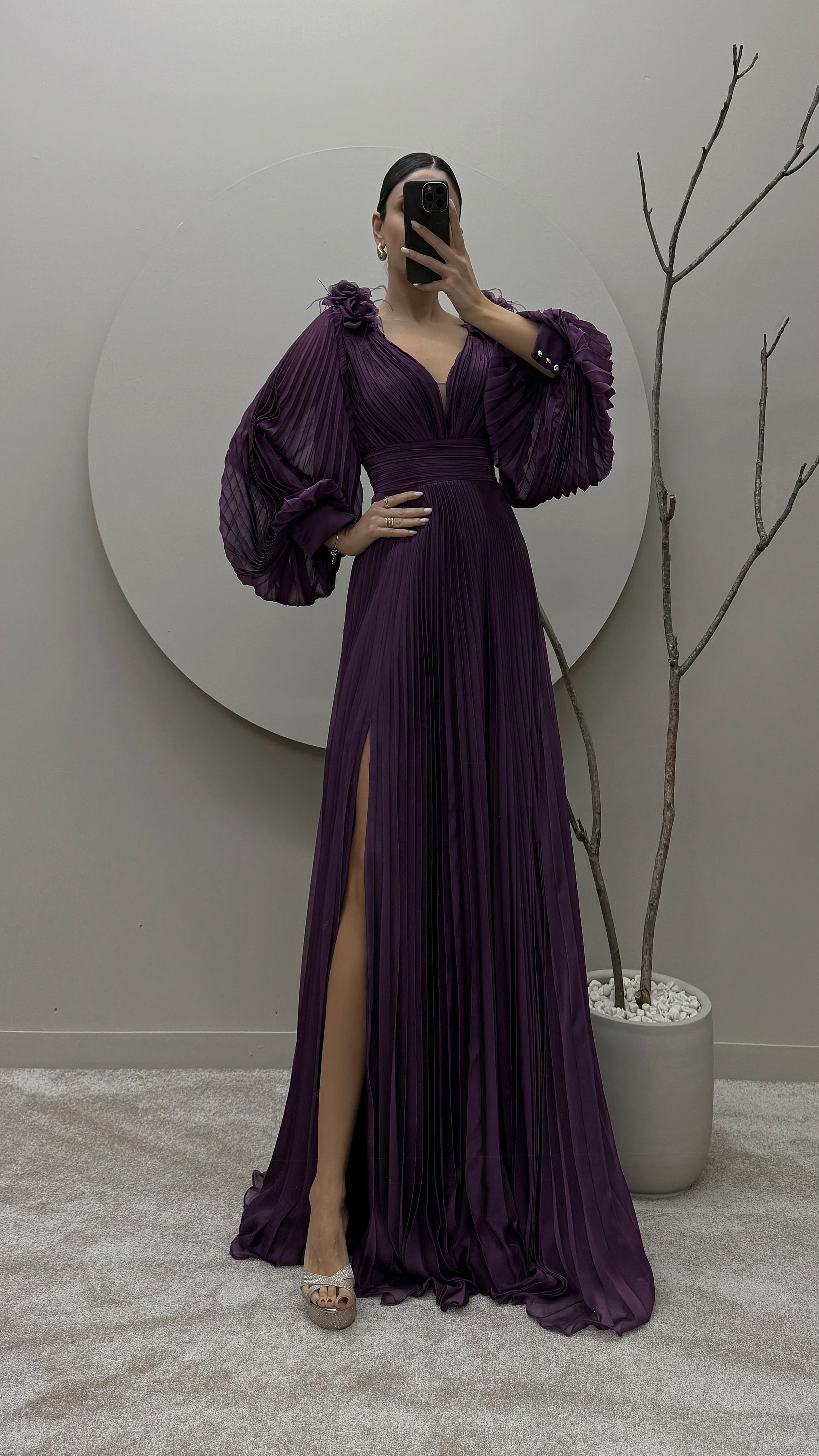 SLEEVE PLEATED SHOULDER DETAIL DESIGN DRESS
