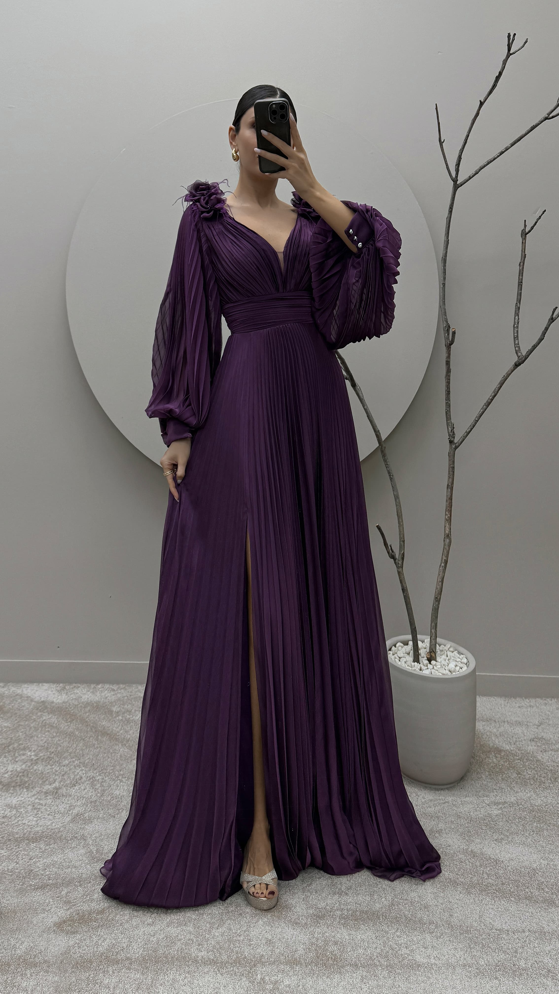 SLEEVE PLEATED SHOULDER DETAIL DESIGN DRESS