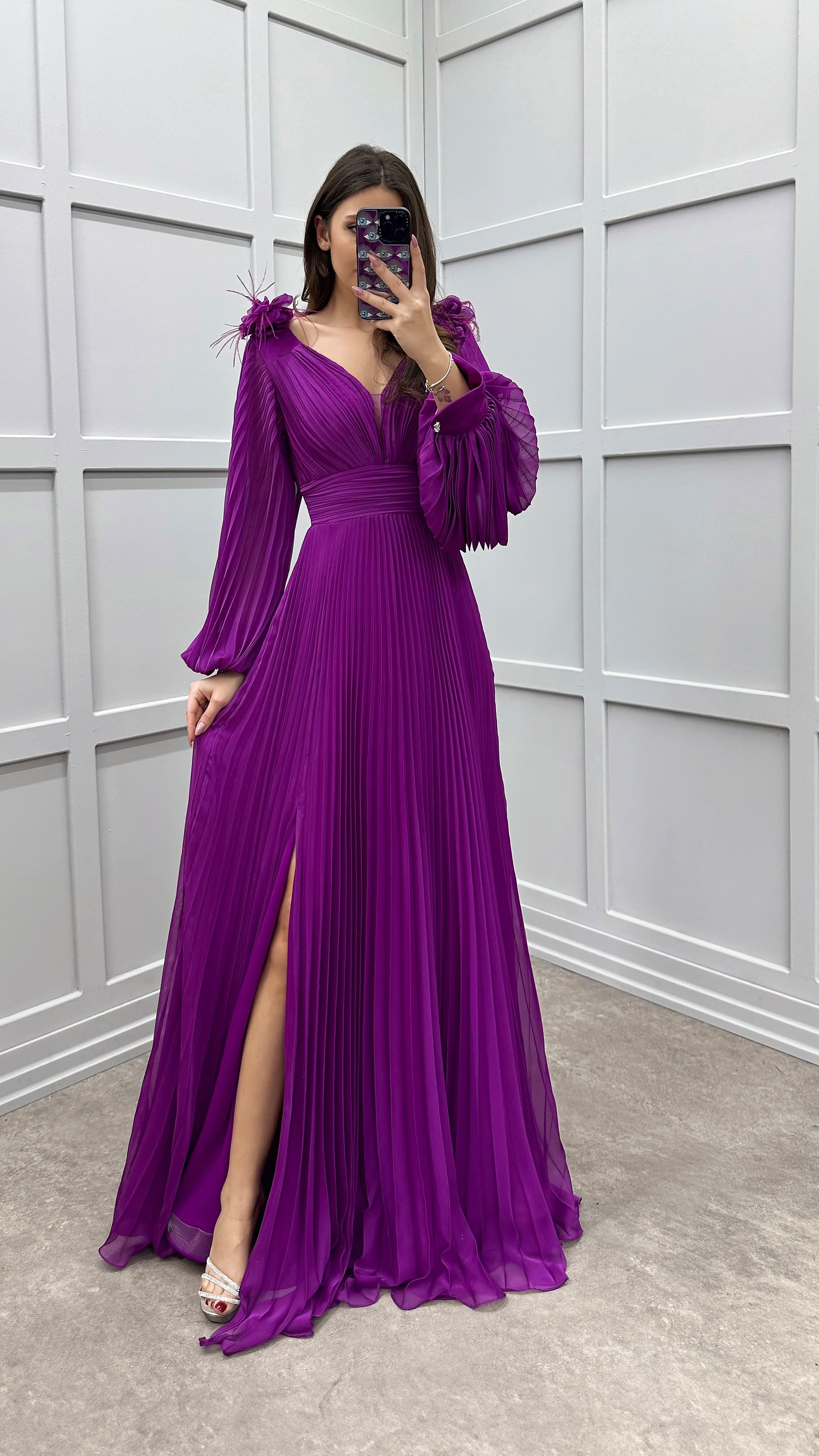 SLEEVE PLEATED SHOULDER DETAIL DESIGN DRESS
